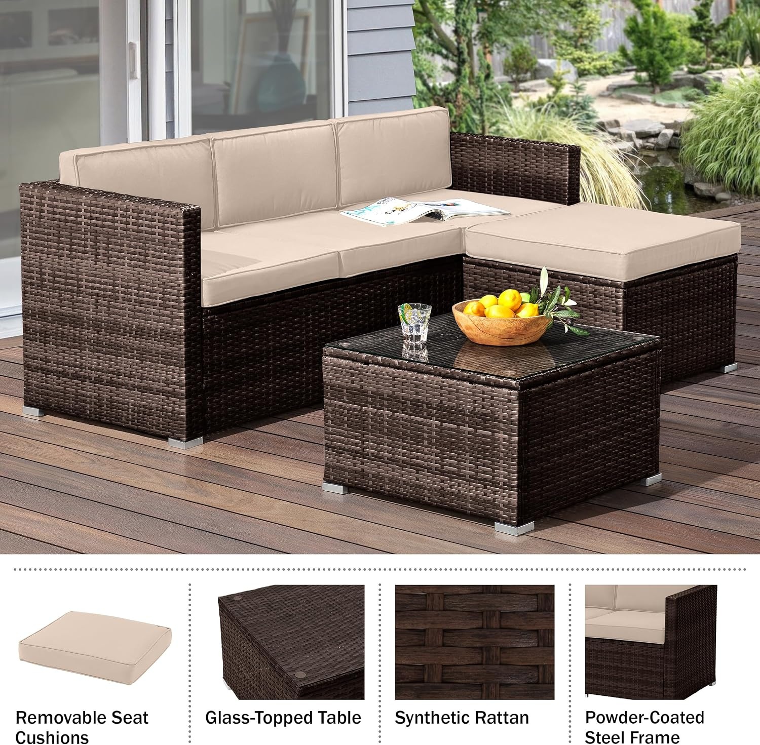image:imageLavish Home Patio Furniture Set 3Piece Rattan Outdoor Sectional Ottoman and Table Combo Deck Pool Sunroom or Backyard Furniture Brown