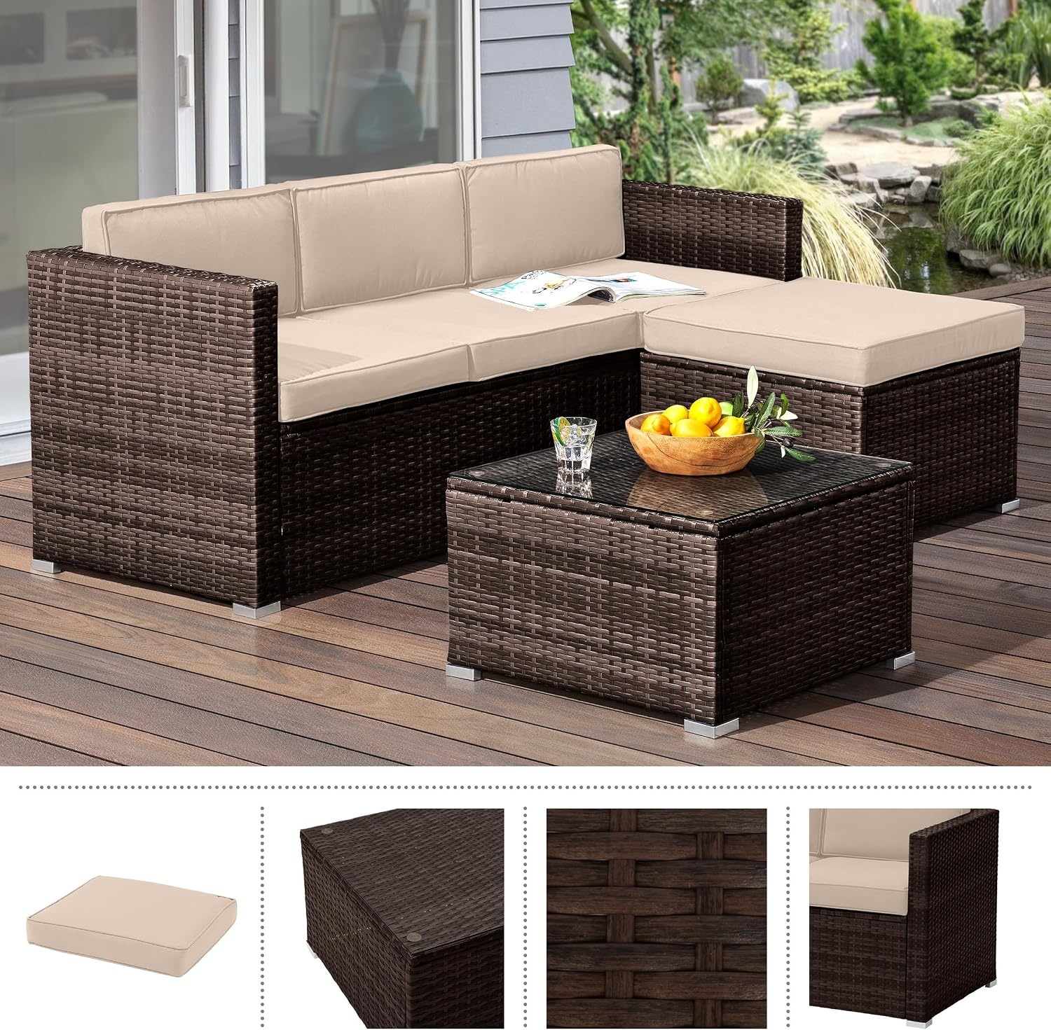 image:imageLavish Home Patio Furniture Set 3Piece Rattan Outdoor Sectional Ottoman and Table Combo Deck Pool Sunroom or Backyard Furniture Brown