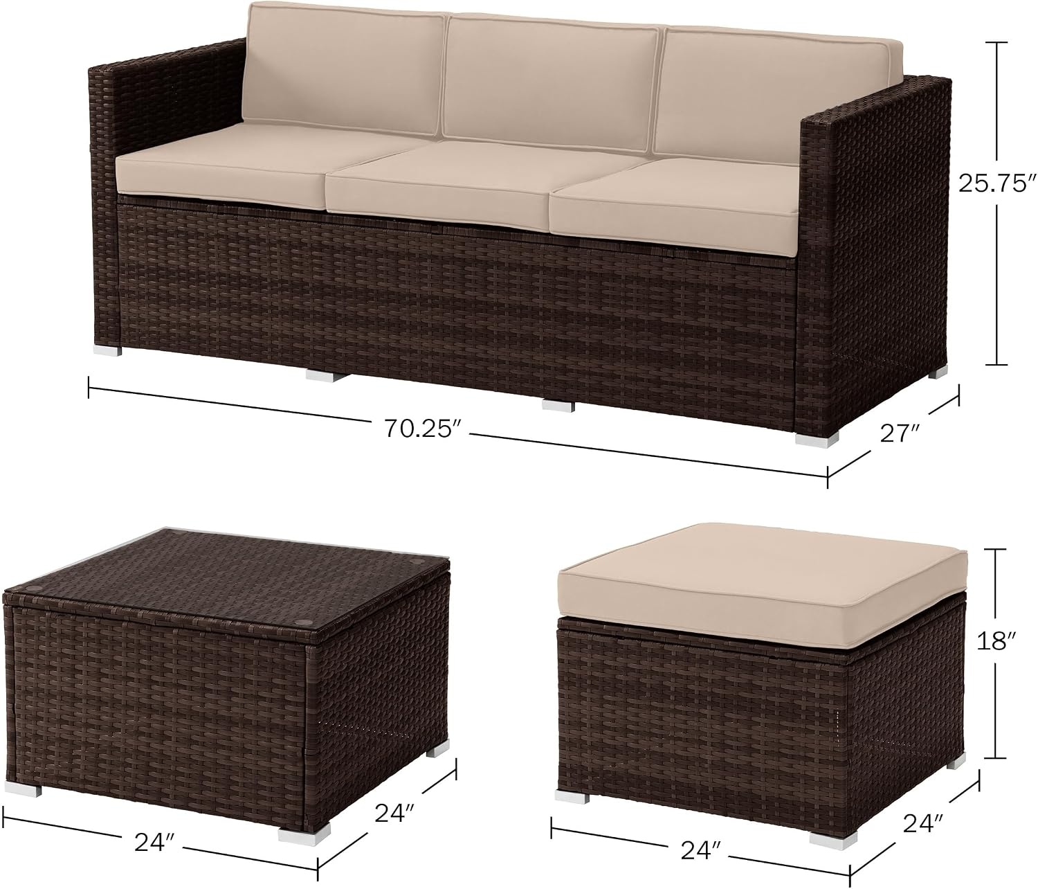 image:imageLavish Home Patio Furniture Set 3Piece Rattan Outdoor Sectional Ottoman and Table Combo Deck Pool Sunroom or Backyard Furniture Brown
