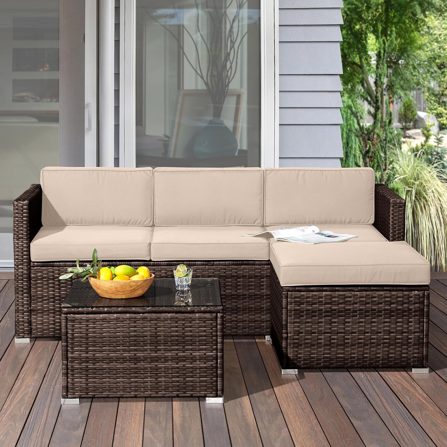 image:imageLavish Home Patio Furniture Set 3Piece Rattan Outdoor Sectional Ottoman and Table Combo Deck Pool Sunroom or Backyard Furniture Brown