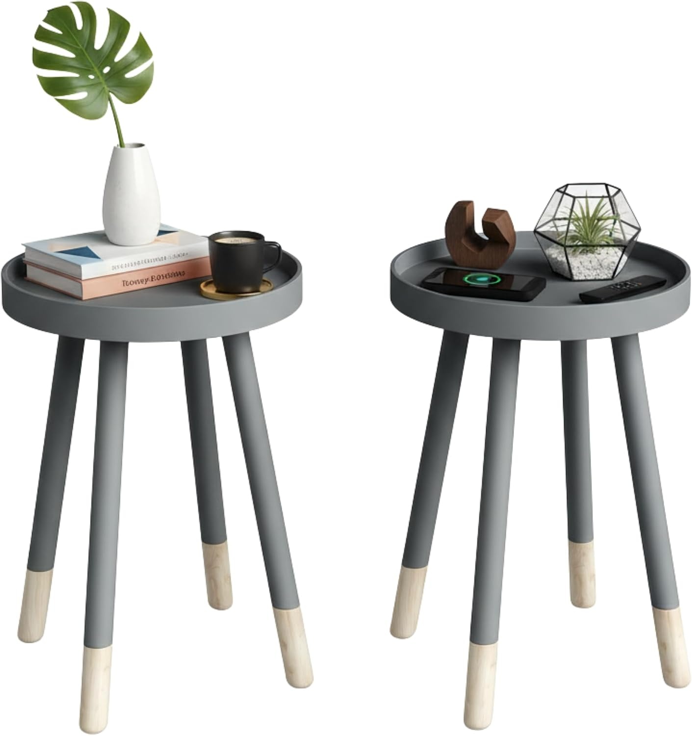 image:imageLavish Home Round End Table Set of 2 17 Inch Small Round Side Table Set with Tray Tops and ColorBlock Spindle Legs Wooden Mid Century Modern Living Room Furniture BlackGrey
