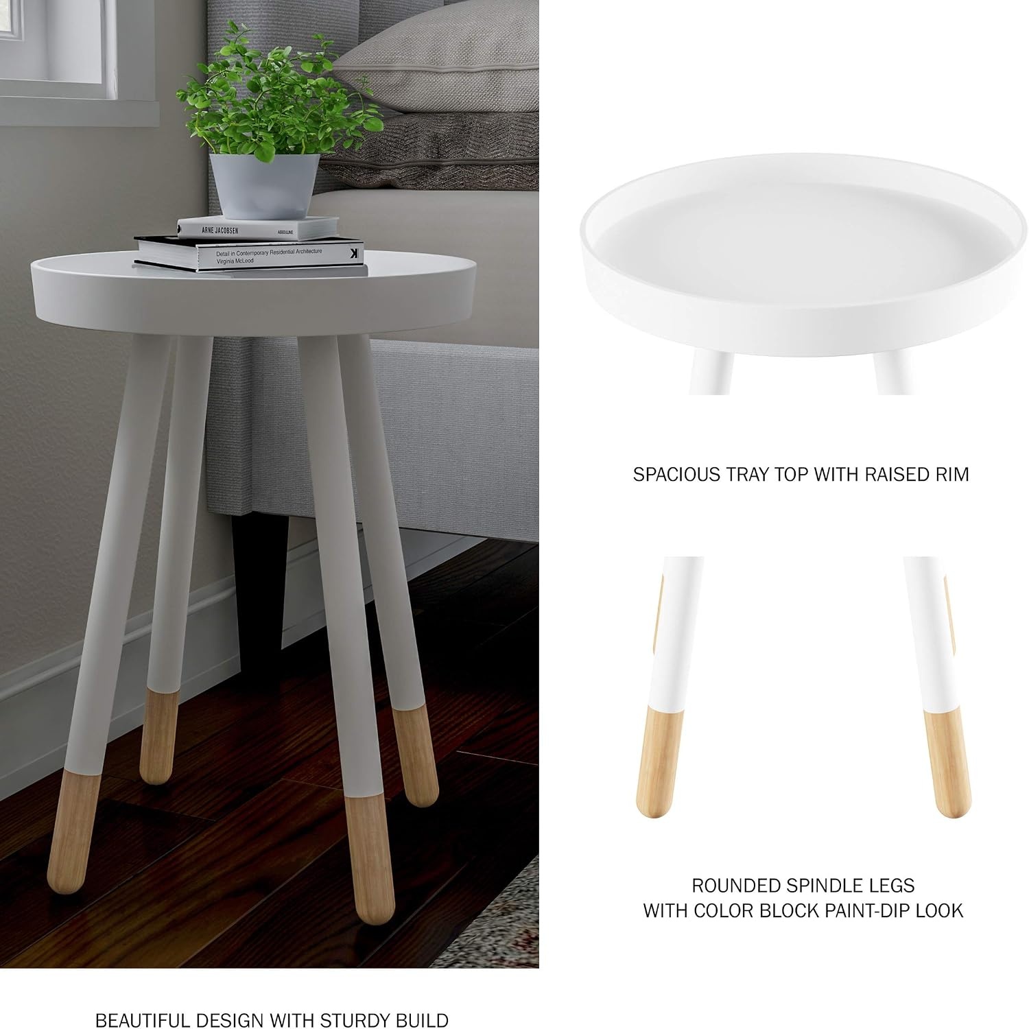 image:imageLavish Home Round End Table Set of 2 17 Inch Small Round Side Table Set with Tray Tops and ColorBlock Spindle Legs Wooden Mid Century Modern Living Room Furniture BlackWhite