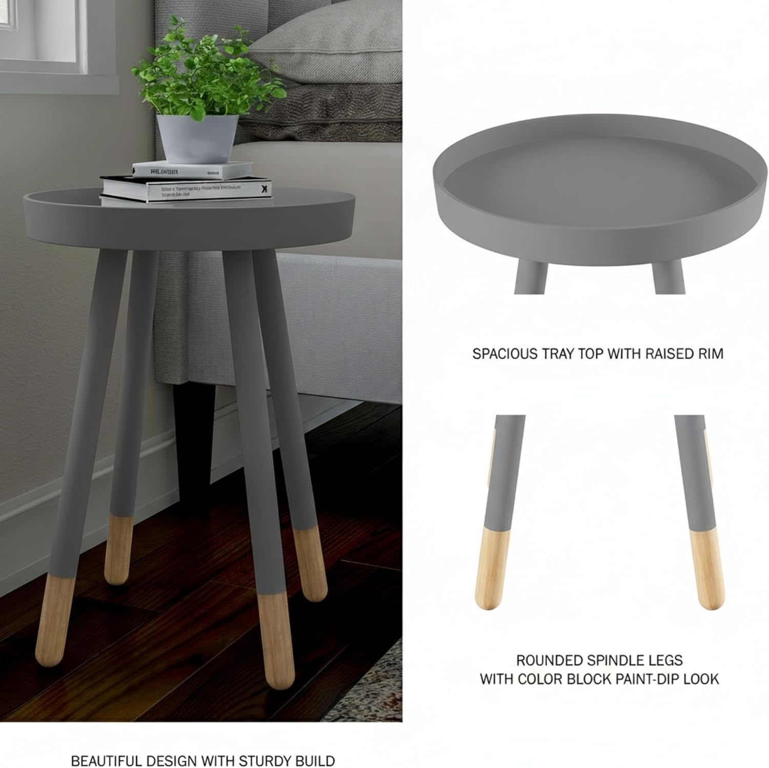 image:imageLavish Home Round End Table Set of 2 17 Inch Small Round Side Table Set with Tray Tops and ColorBlock Spindle Legs Wooden Mid Century Modern Living Room Furniture BlackGrey