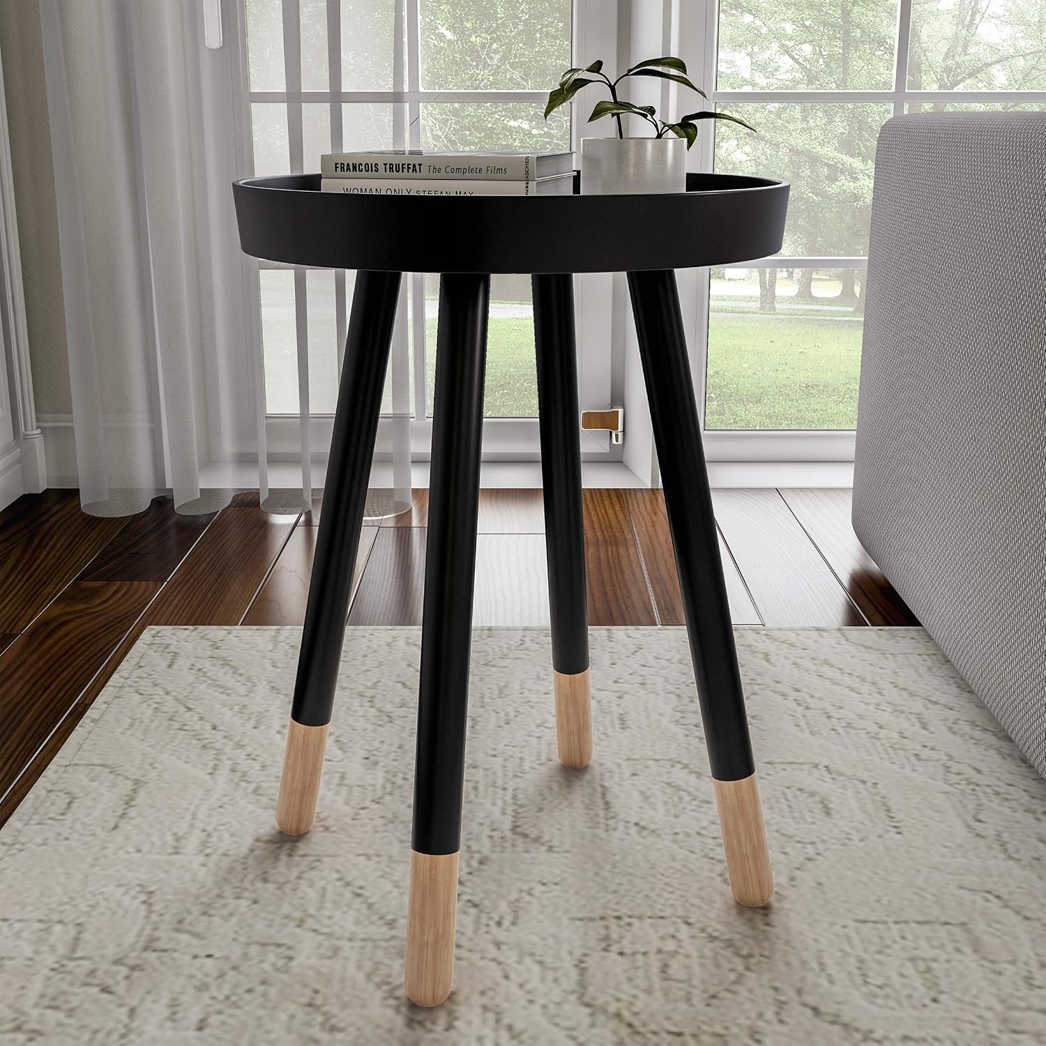 image:imageLavish Home Round End Table Set of 2 17 Inch Small Round Side Table Set with Tray Tops and ColorBlock Spindle Legs Wooden Mid Century Modern Living Room Furniture BlackBlack
