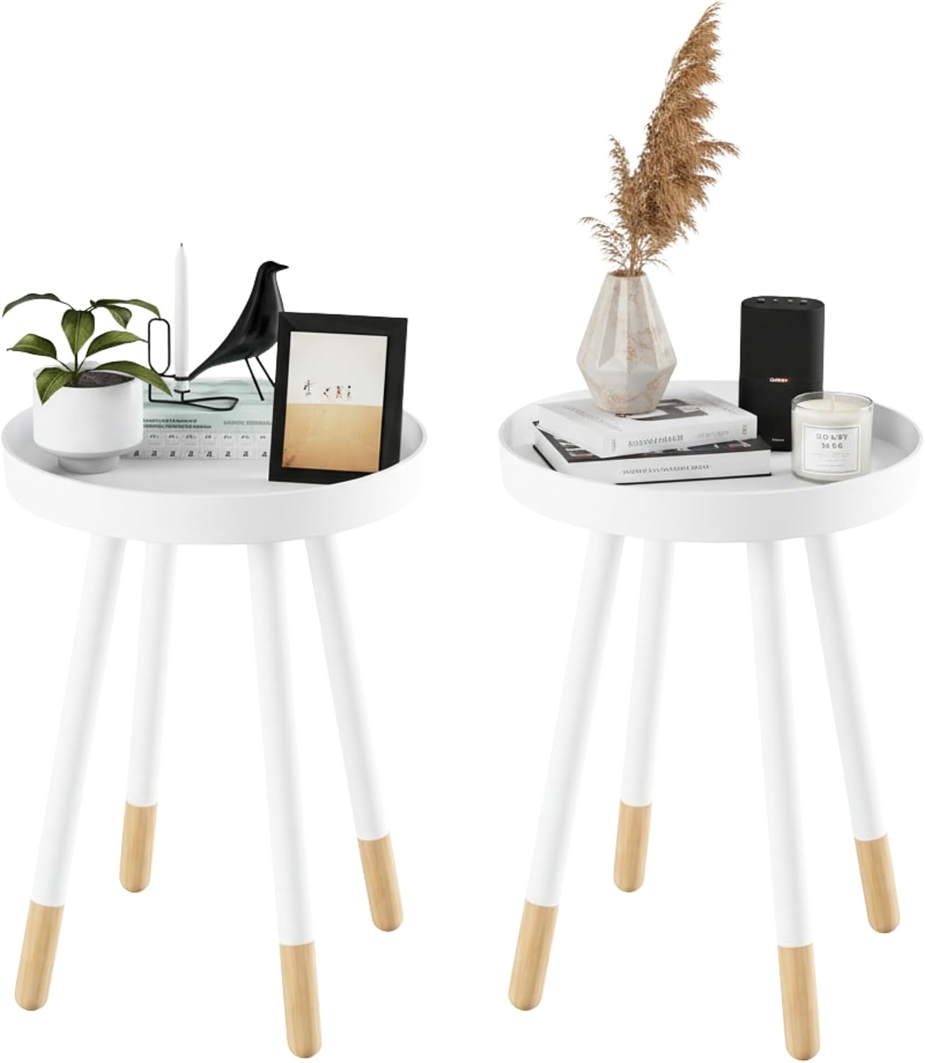 image:imageLavish Home Round End Table Set of 2 17 Inch Small Round Side Table Set with Tray Tops and ColorBlock Spindle Legs Wooden Mid Century Modern Living Room Furniture BlackWhite