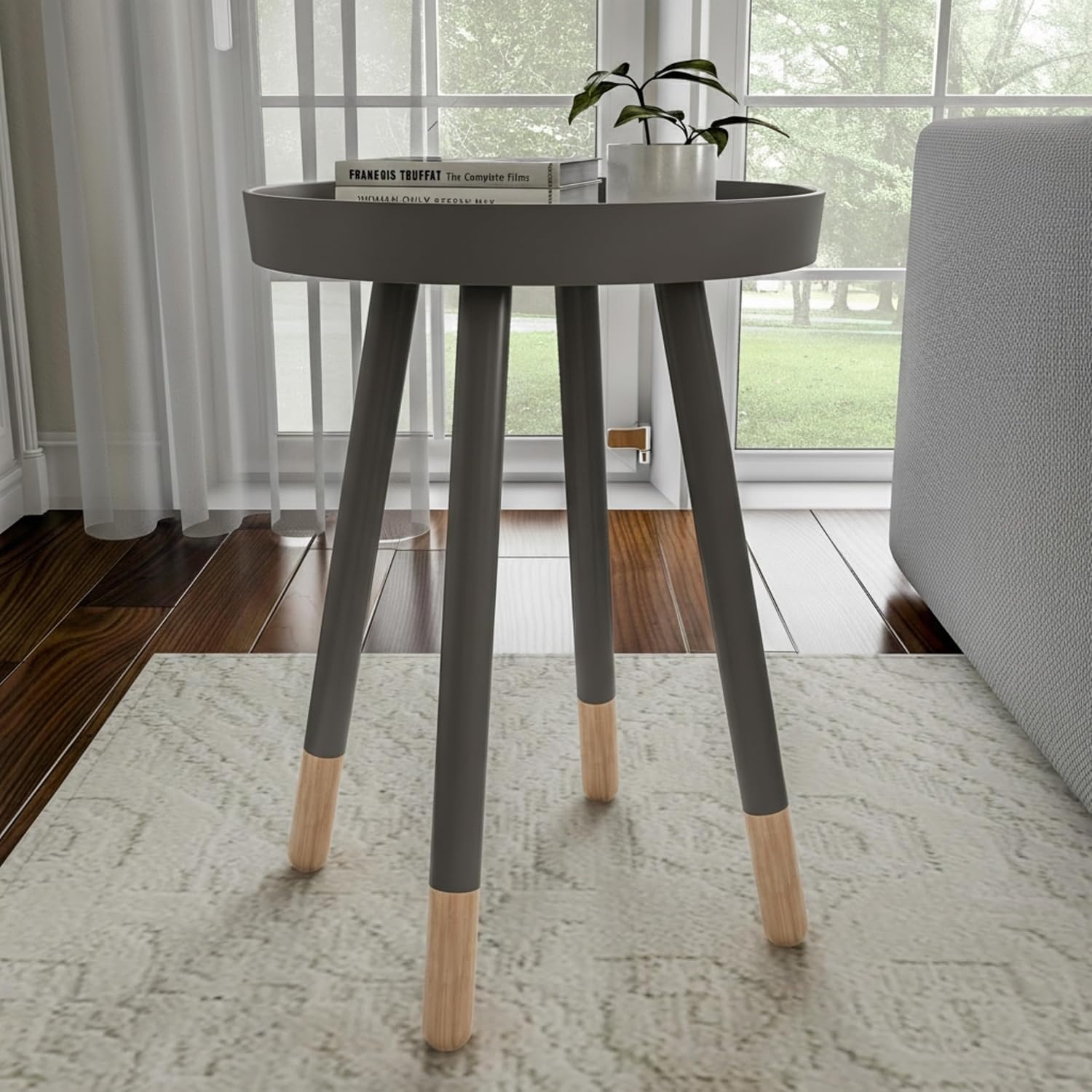 image:imageLavish Home Round End Table Set of 2 17 Inch Small Round Side Table Set with Tray Tops and ColorBlock Spindle Legs Wooden Mid Century Modern Living Room Furniture BlackGrey