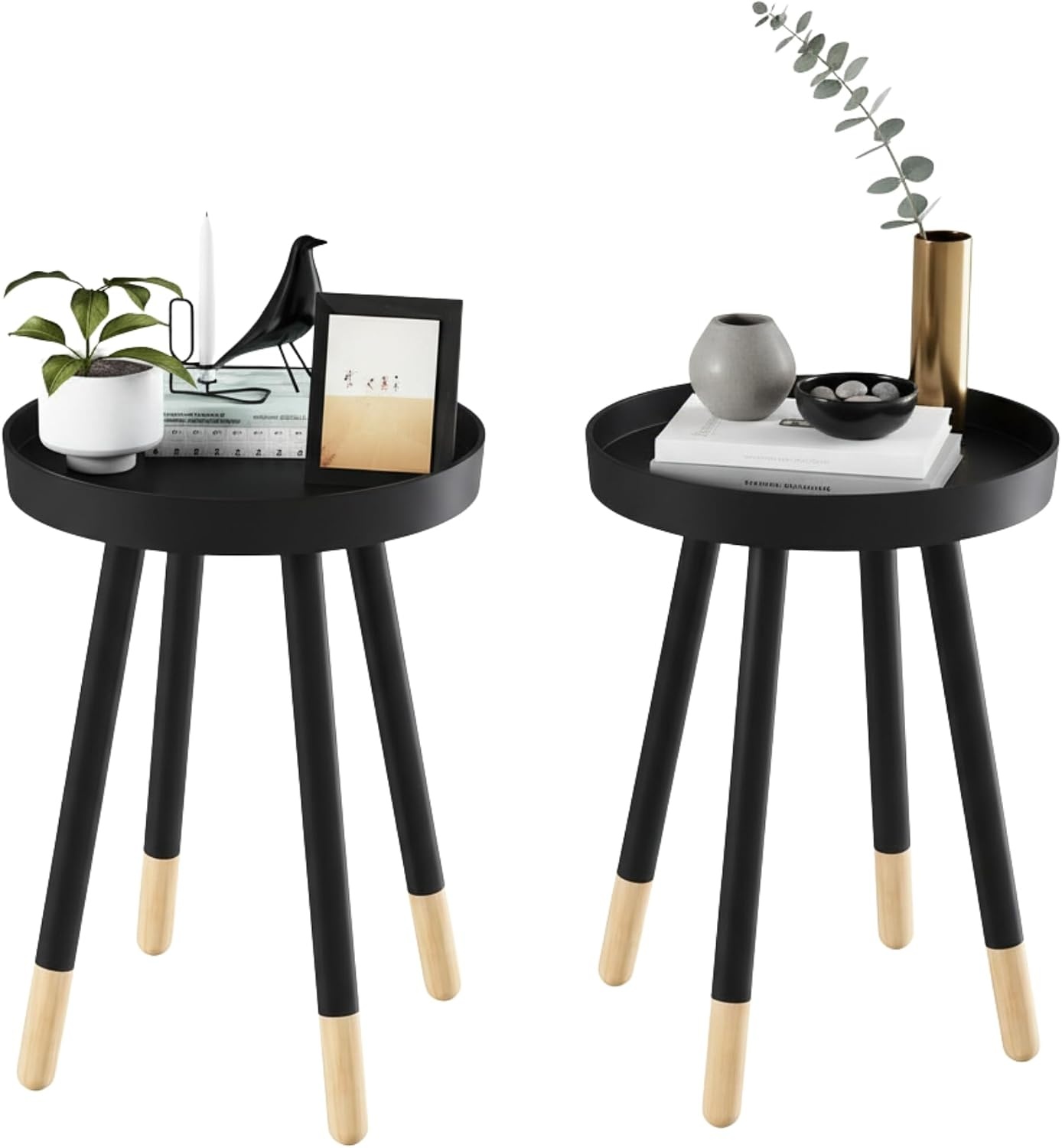 image:imageLavish Home Round End Table Set of 2 17 Inch Small Round Side Table Set with Tray Tops and ColorBlock Spindle Legs Wooden Mid Century Modern Living Room Furniture BlackBlack