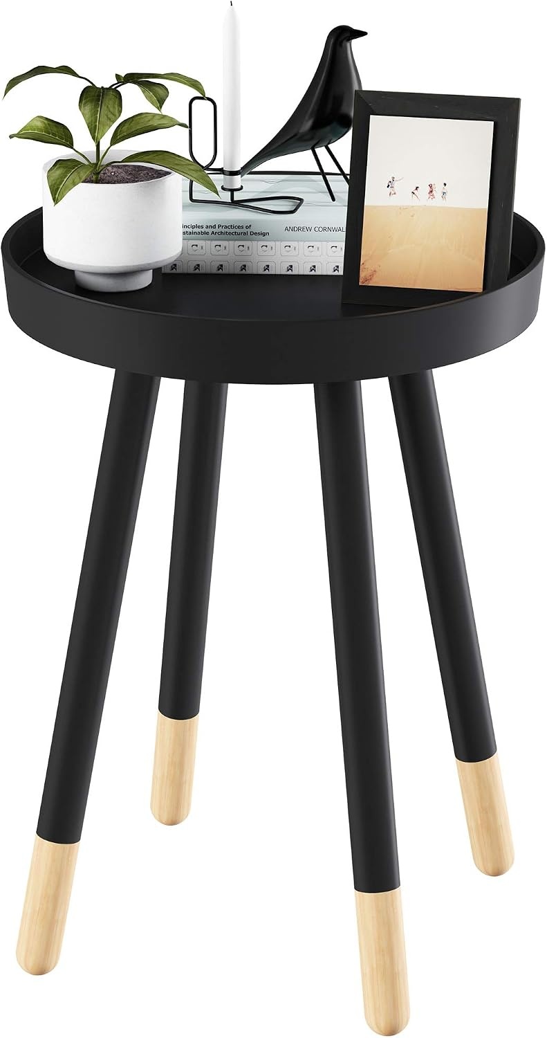 image:imageLavish Home Round End Table Set of 2 17 Inch Small Round Side Table Set with Tray Tops and ColorBlock Spindle Legs Wooden Mid Century Modern Living Room Furniture BlackBlack