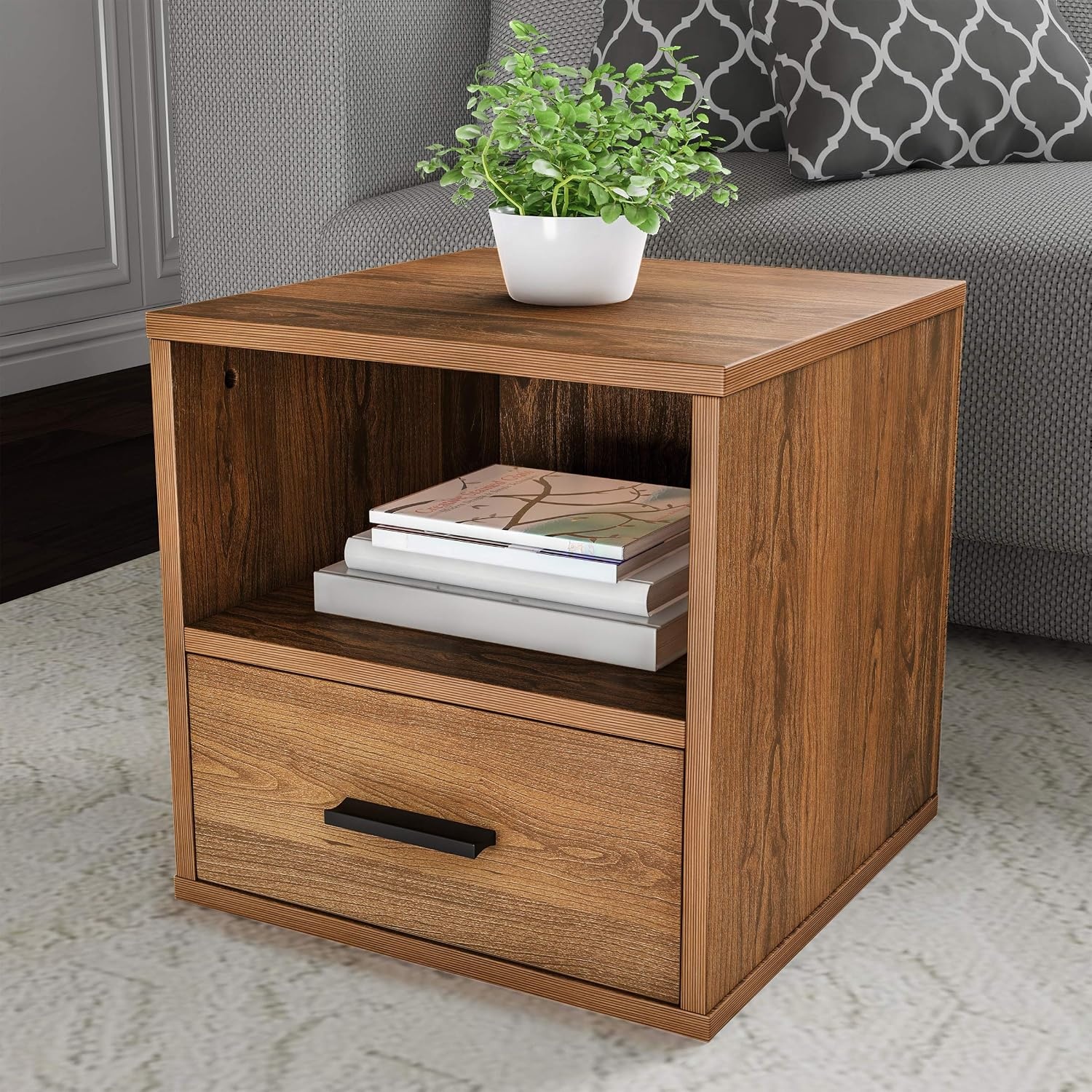 image:imageLavish Home Side Table with Storage Set of 2 Minimalist Modern Nightstand or End Table with Drawer Stackable Modular Accent Furniture for Bedroom Living Room or Office Brown WoodgrainBrown Set of 2