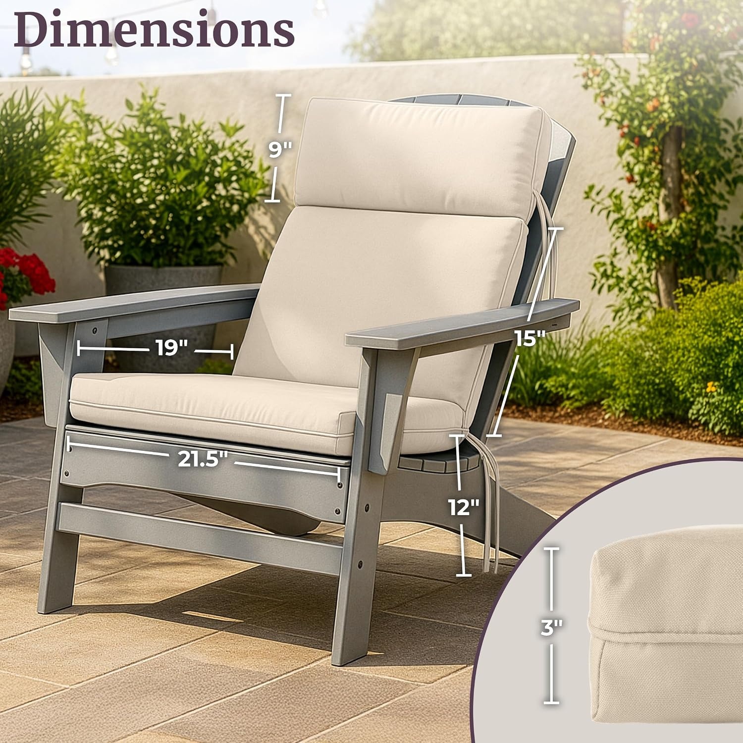 image:imageOutdoor Chair Cushions Set of 245x215x3in High Back Outdoor Cushions for Patio Furniture Rocking Adirondack or Dining Seats Water Fade and UVResistant Pads with Ties by Lavish Home TanTan