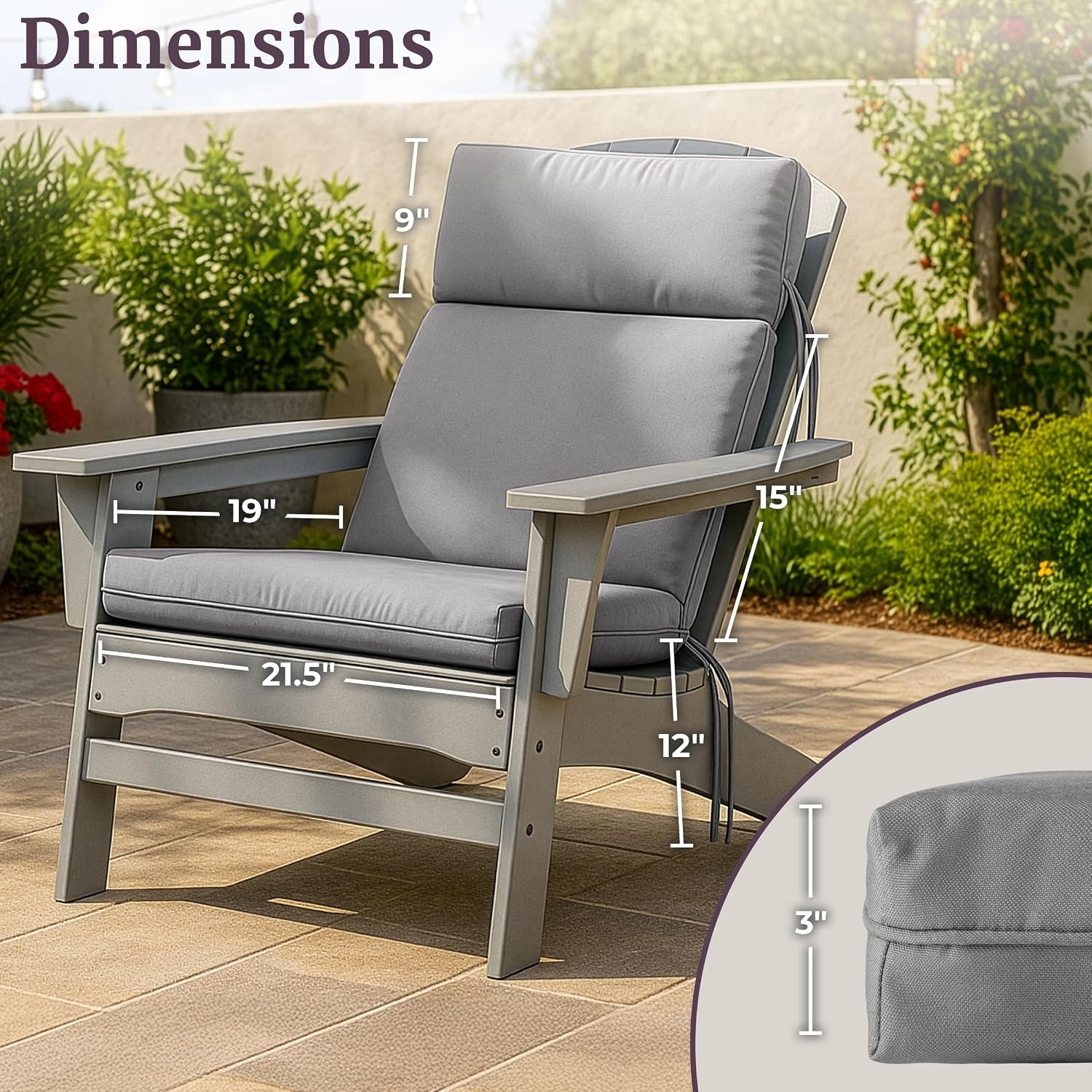 image:imageOutdoor Chair Cushions Set of 245x215x3in High Back Outdoor Cushions for Patio Furniture Rocking Adirondack or Dining Seats Water Fade and UVResistant Pads with Ties by Lavish Home TanGray