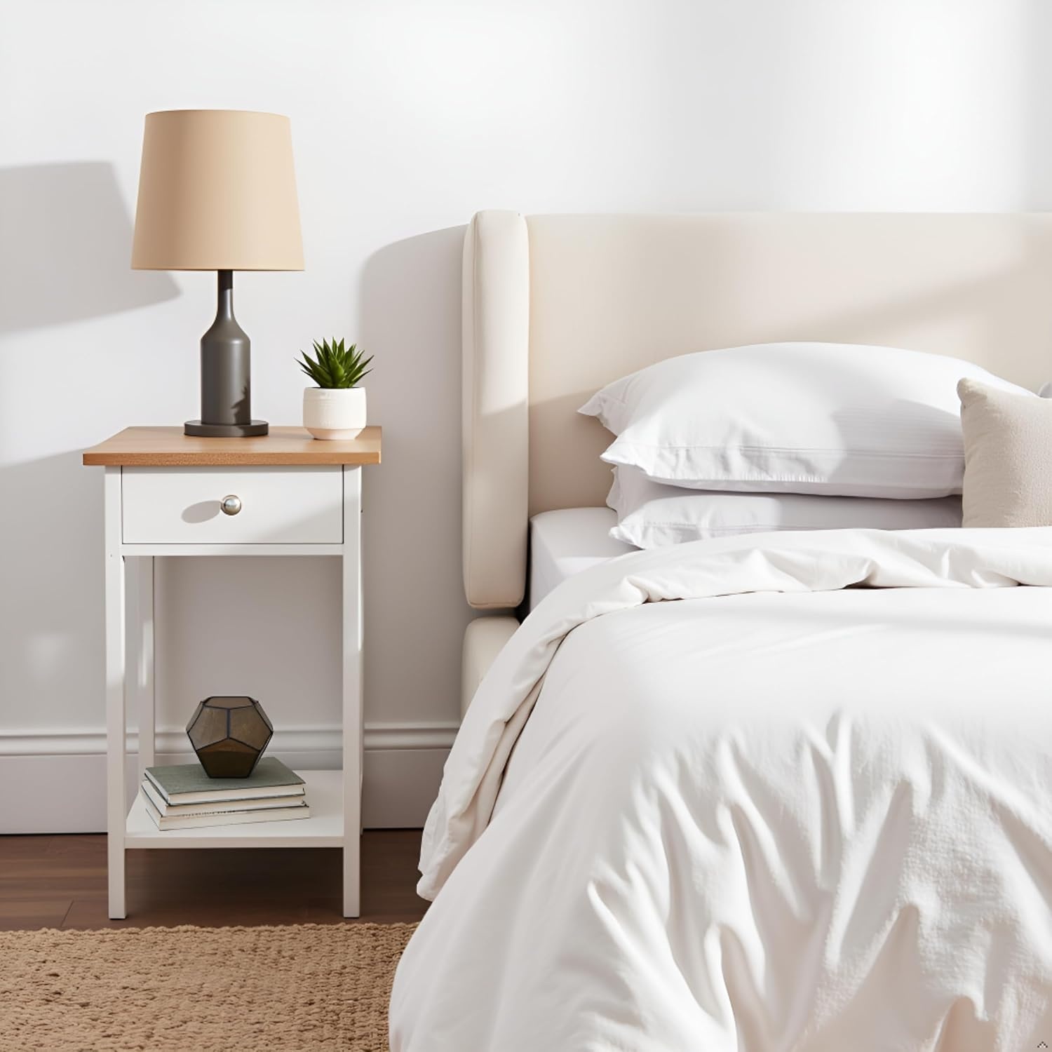 image:imageSide Table Small Night Stand with Drawer and Open Storage Shelf Traditional Style Bedroom or Living Room Furniture Use as Bedside Table or End Table by Lavish Home WhiteSingle Table