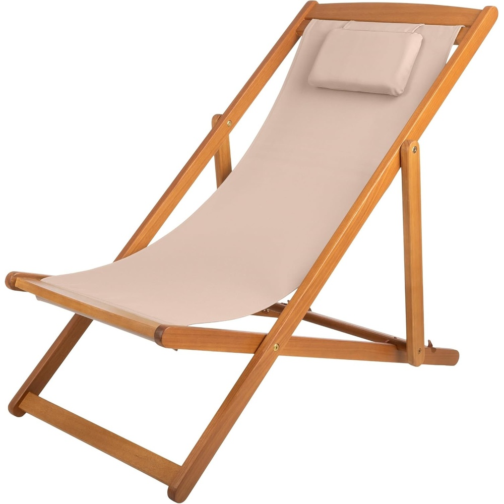 image:imageBeach Lounge Chair Adjustable Height Reclining Sling Chair Portable Wood Folding Chairs Folding Lounge Chairs for Outside Patio Balcony or Camping Outdoor Furniture by Lavish Home BlueBeige