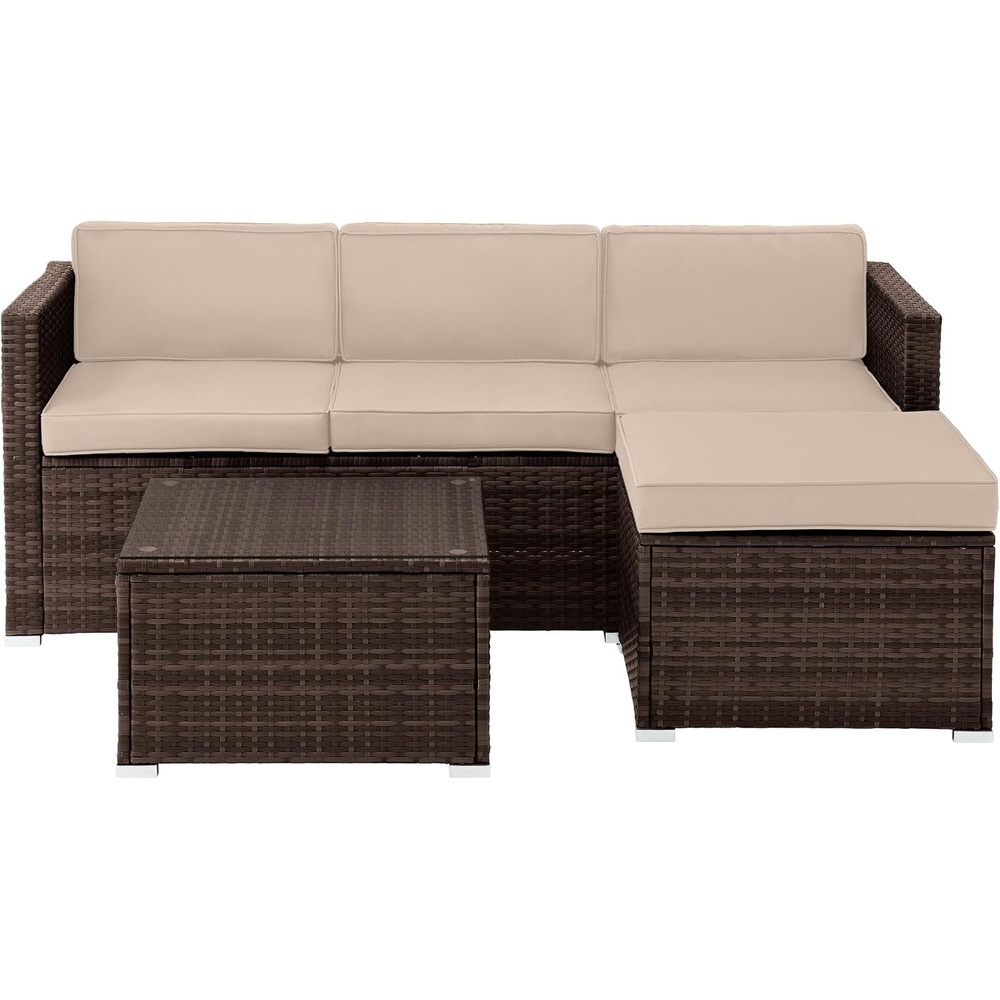 image:imageLavish Home Patio Furniture Set 3Piece Rattan Outdoor Sectional Ottoman and Table Combo Deck Pool Sunroom or Backyard Furniture Brown