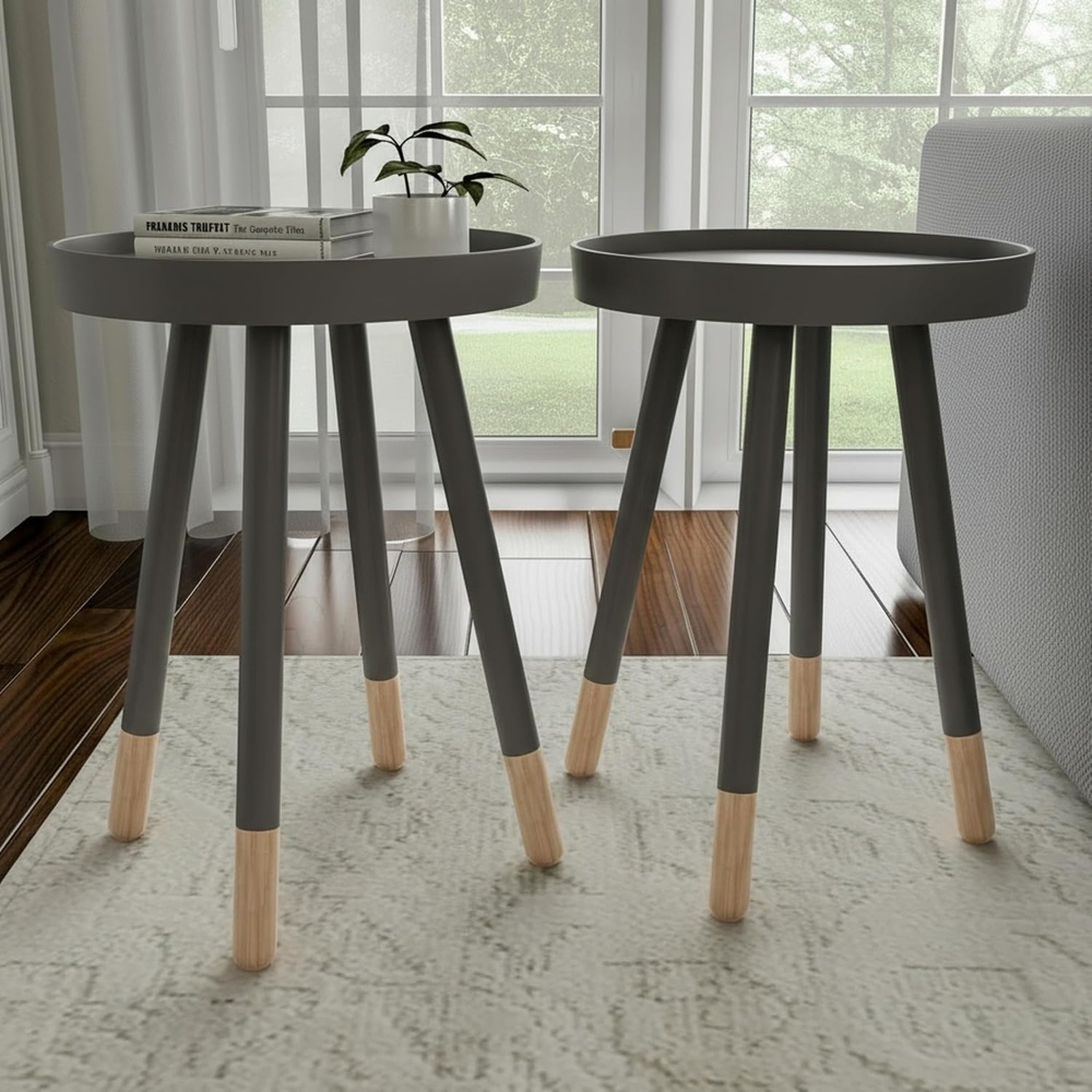 image:imageLavish Home Round End Table Set of 2 17 Inch Small Round Side Table Set with Tray Tops and ColorBlock Spindle Legs Wooden Mid Century Modern Living Room Furniture BlackGrey