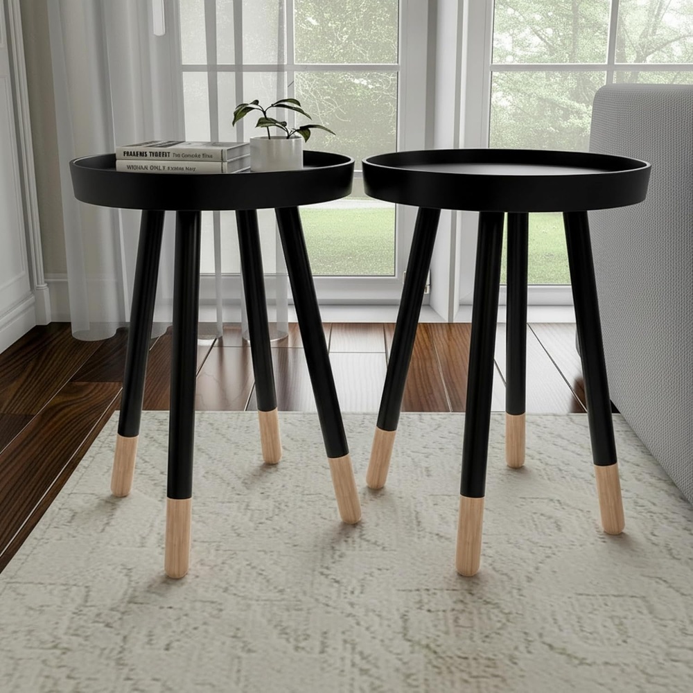 image:imageLavish Home Round End Table Set of 2 17 Inch Small Round Side Table Set with Tray Tops and ColorBlock Spindle Legs Wooden Mid Century Modern Living Room Furniture BlackBlack
