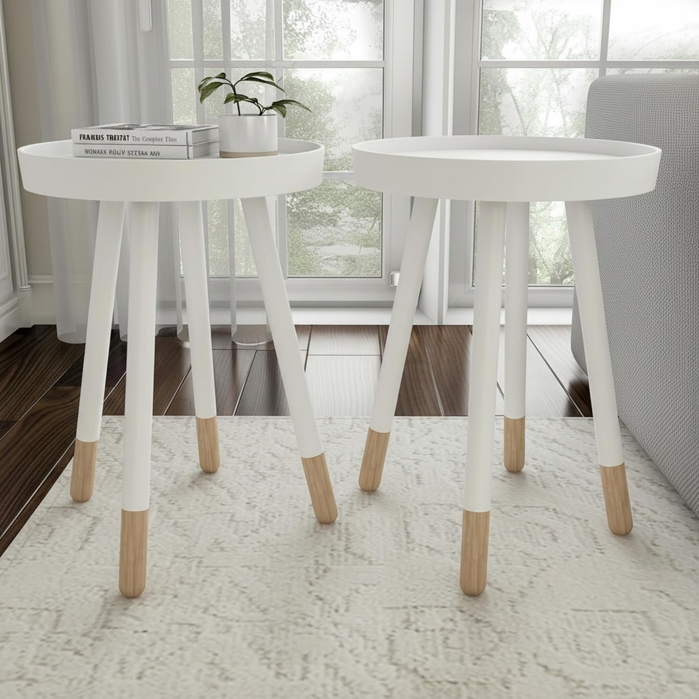 image:imageLavish Home Round End Table Set of 2 17 Inch Small Round Side Table Set with Tray Tops and ColorBlock Spindle Legs Wooden Mid Century Modern Living Room Furniture BlackWhite