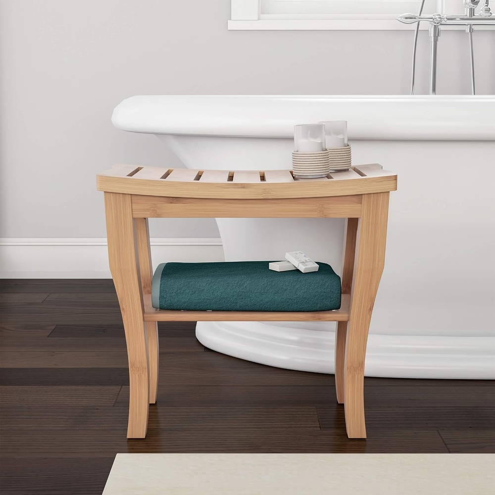 image:imageLavish Home Shower BenchWater Resistant Natural EcoFriendly Bamboo with Storage Shelf for Bathroom Spa or Sauna