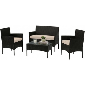 Lavish Home 4-Piece Patio Furniture Set – Rattan Outdoor Couch, 2 Patio Chairs, and Table Combo – Cushioned Deck, Pool, or Porch Furniture (Black)