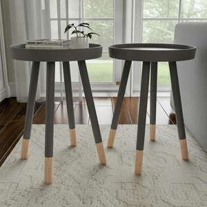 Lavish Home Round End Table Set of 2 – 17 Inch Small Round Side Table Set with Tray Tops and Color-Block Spindle Legs – Wooden Mid Century Modern Living Room Furniture (Black)(Grey)