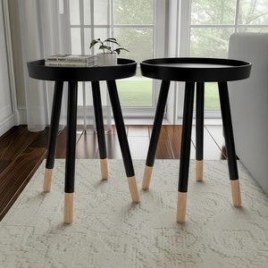 Lavish Home Round End Table Set of 2 – 17 Inch Small Round Side Table Set with Tray Tops and Color-Block Spindle Legs – Wooden Mid Century Modern Living Room Furniture (Black)(Black)