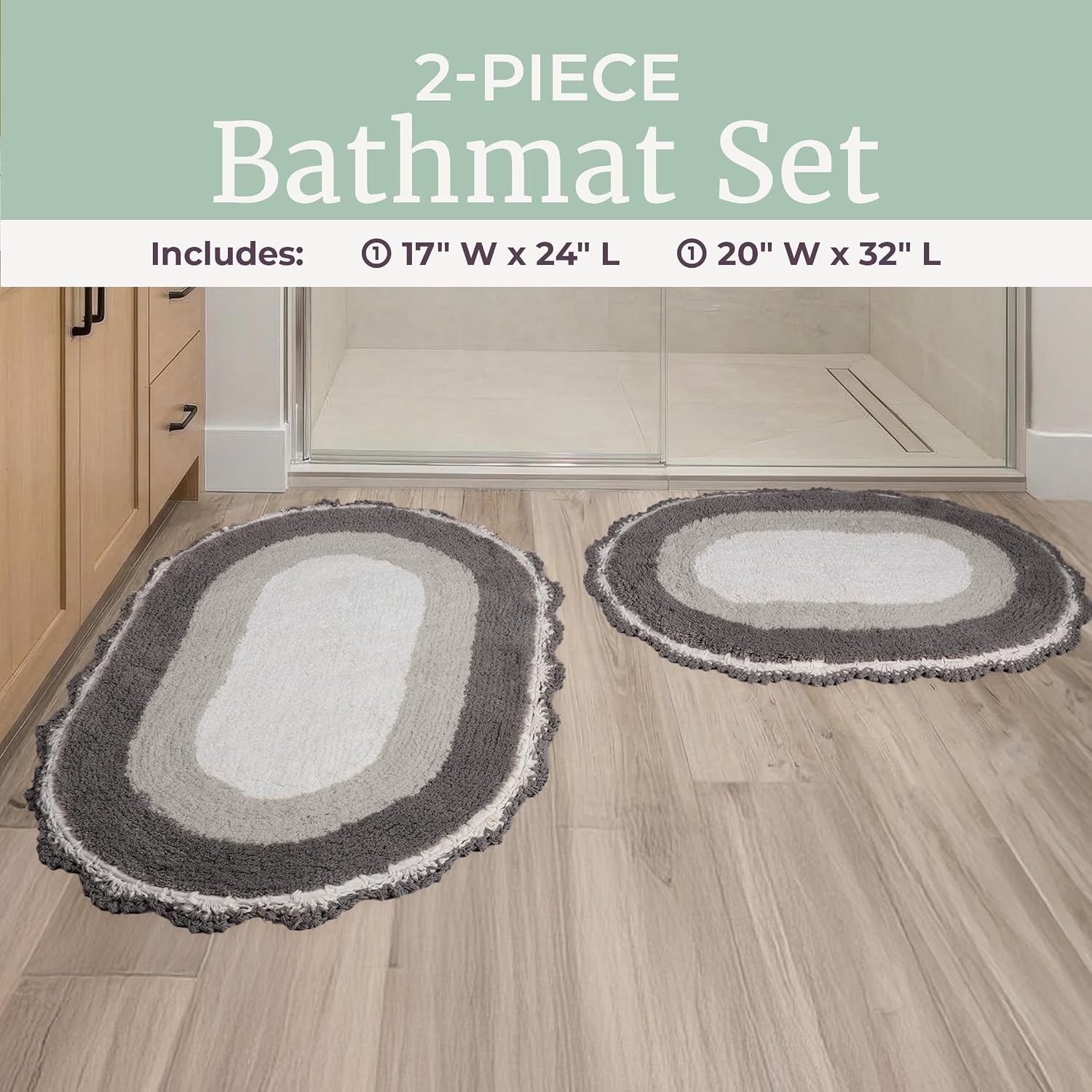 image:imageLavish Home Reversible Bathroom Rug Set Beige 2Pieces 32x2024x17 Oval Bath Rugs with Crochet Edges Machine Washable Soft and Absorbent Cotton Bath Mats for Bathroom Floor Kitchen LaundryGrey