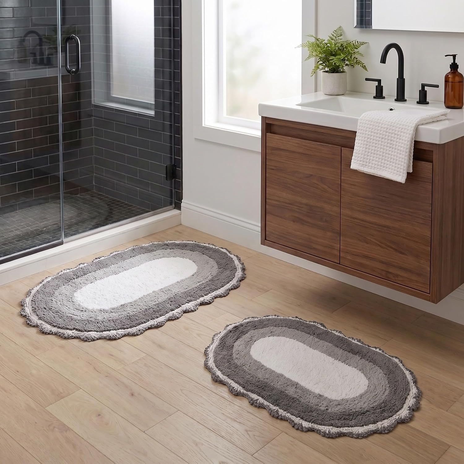 image:imageLavish Home Reversible Bathroom Rug Set Beige 2Pieces 32x2024x17 Oval Bath Rugs with Crochet Edges Machine Washable Soft and Absorbent Cotton Bath Mats for Bathroom Floor Kitchen LaundryGrey