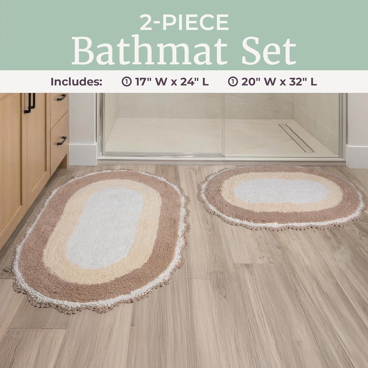 image:imageLavish Home Reversible Bathroom Rug Set Beige 2Pieces 32x2024x17 Oval Bath Rugs with Crochet Edges Machine Washable Soft and Absorbent Cotton Bath Mats for Bathroom Floor Kitchen LaundryBeige