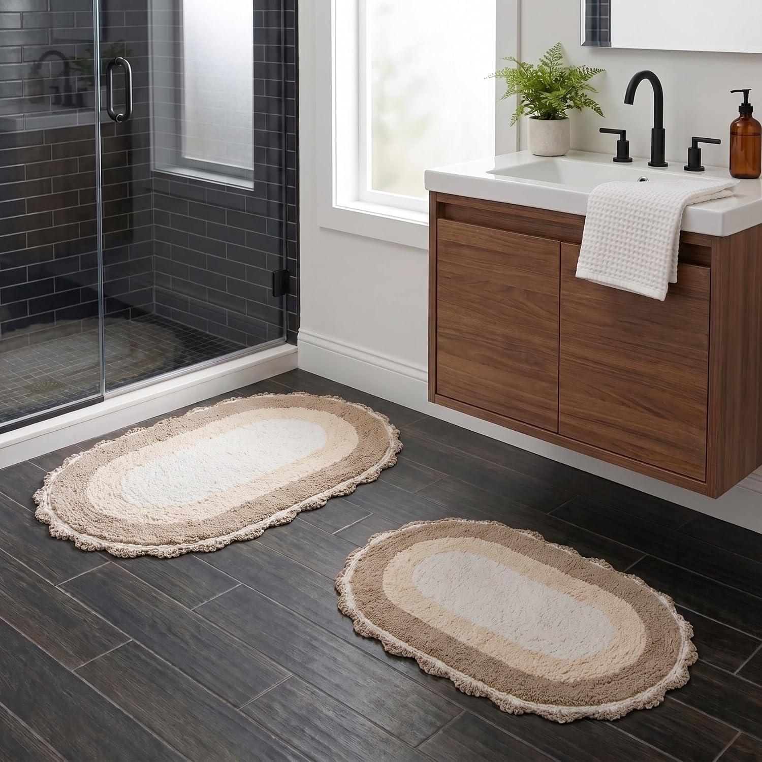 image:imageLavish Home Reversible Bathroom Rug Set Beige 2Pieces 32x2024x17 Oval Bath Rugs with Crochet Edges Machine Washable Soft and Absorbent Cotton Bath Mats for Bathroom Floor Kitchen LaundryBeige
