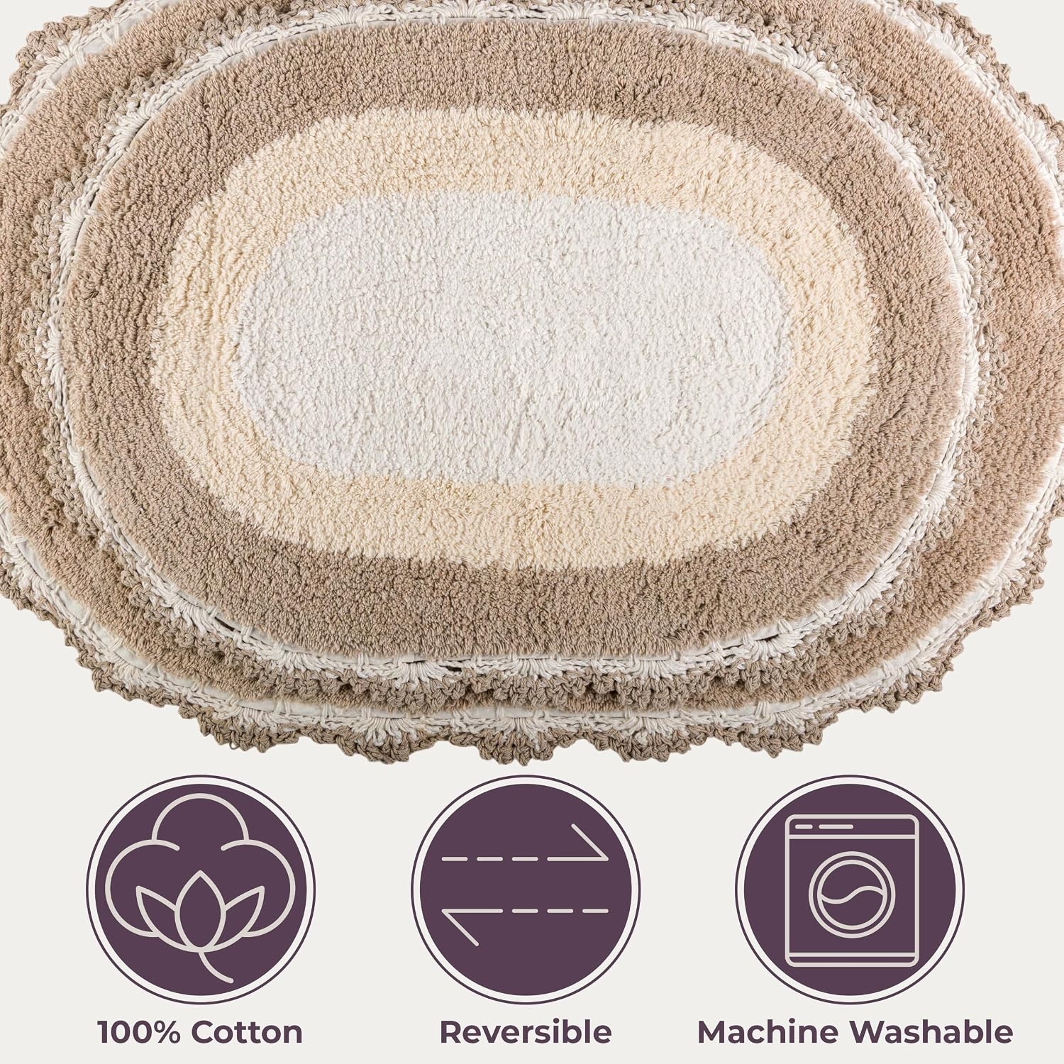 image:imageLavish Home Reversible Bathroom Rug Set Beige 2Pieces 32x2024x17 Oval Bath Rugs with Crochet Edges Machine Washable Soft and Absorbent Cotton Bath Mats for Bathroom Floor Kitchen LaundryBeige