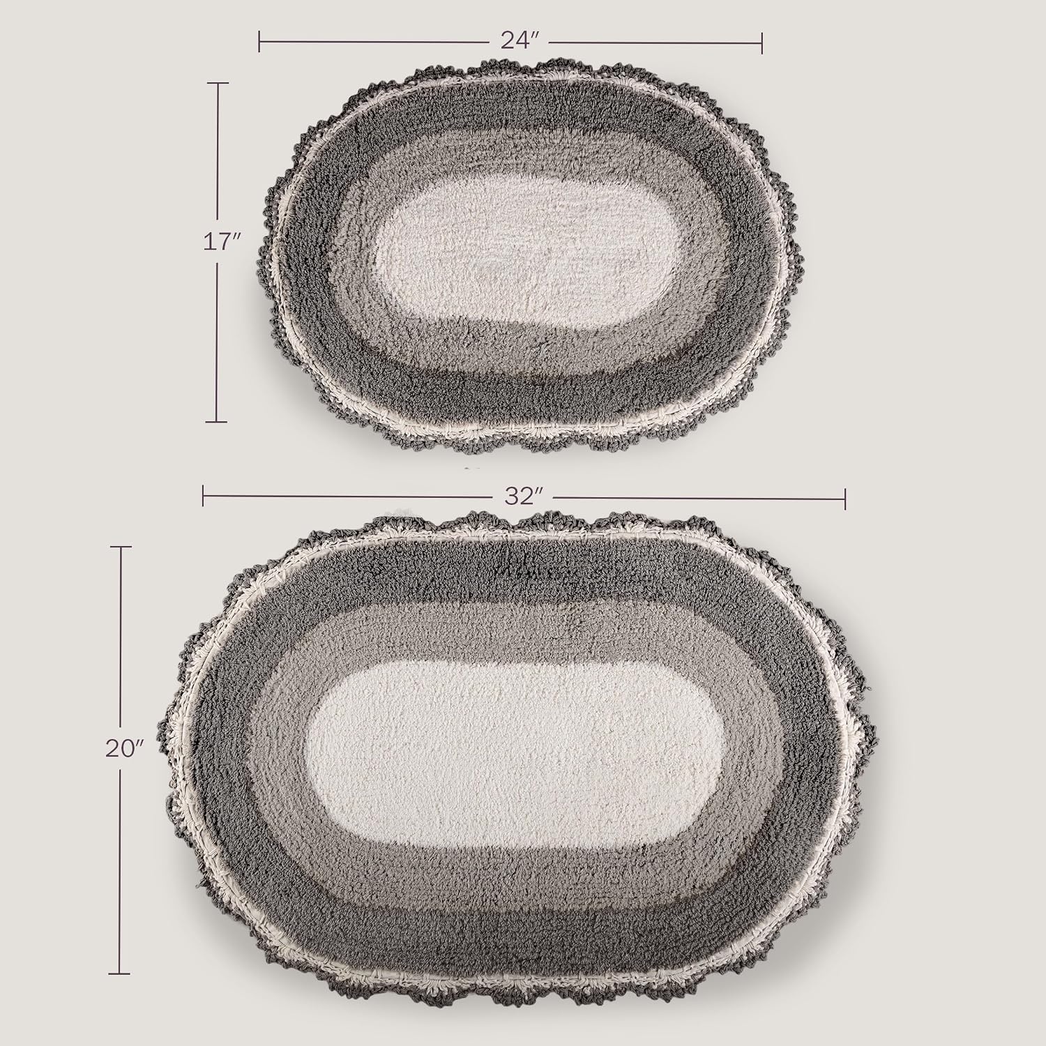image:imageLavish Home Reversible Bathroom Rug Set Beige 2Pieces 32x2024x17 Oval Bath Rugs with Crochet Edges Machine Washable Soft and Absorbent Cotton Bath Mats for Bathroom Floor Kitchen LaundryGrey