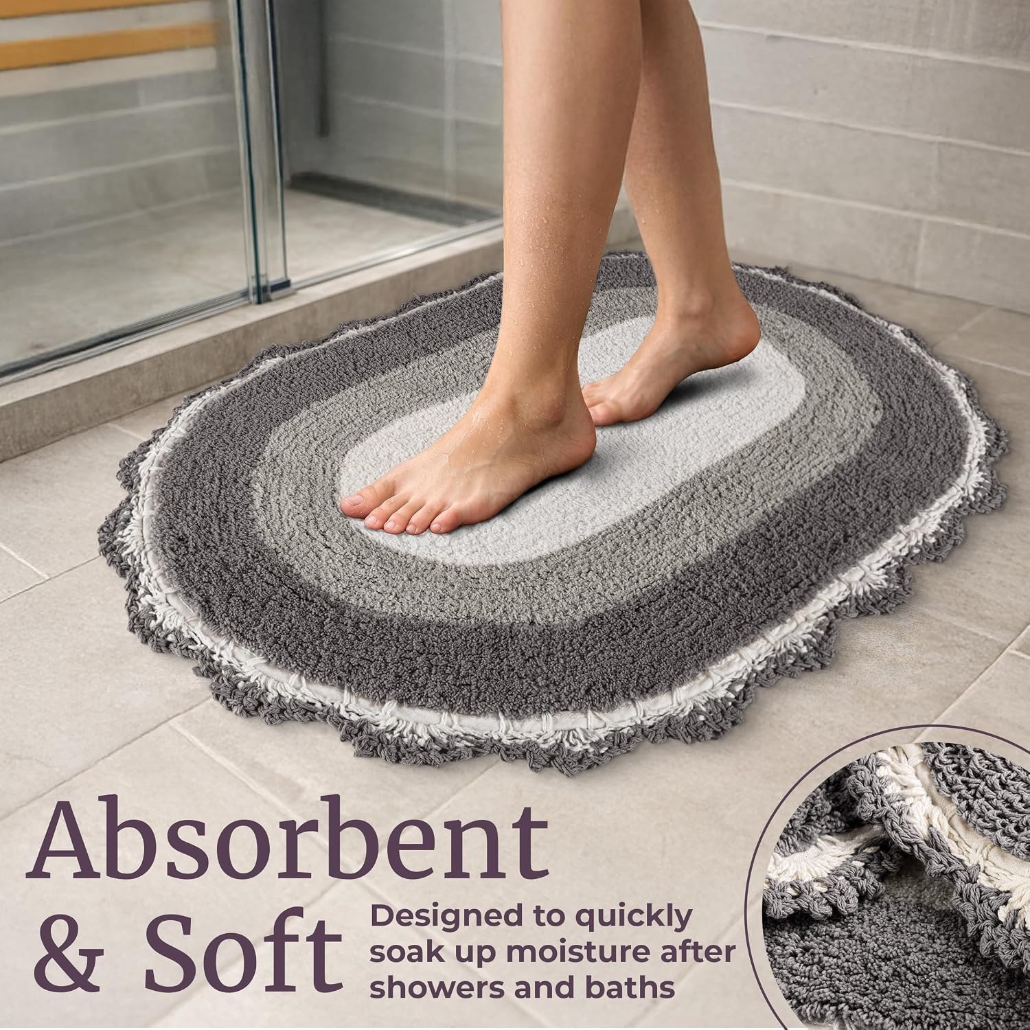 image:imageLavish Home Reversible Bathroom Rug Set Beige 2Pieces 32x2024x17 Oval Bath Rugs with Crochet Edges Machine Washable Soft and Absorbent Cotton Bath Mats for Bathroom Floor Kitchen LaundryGrey