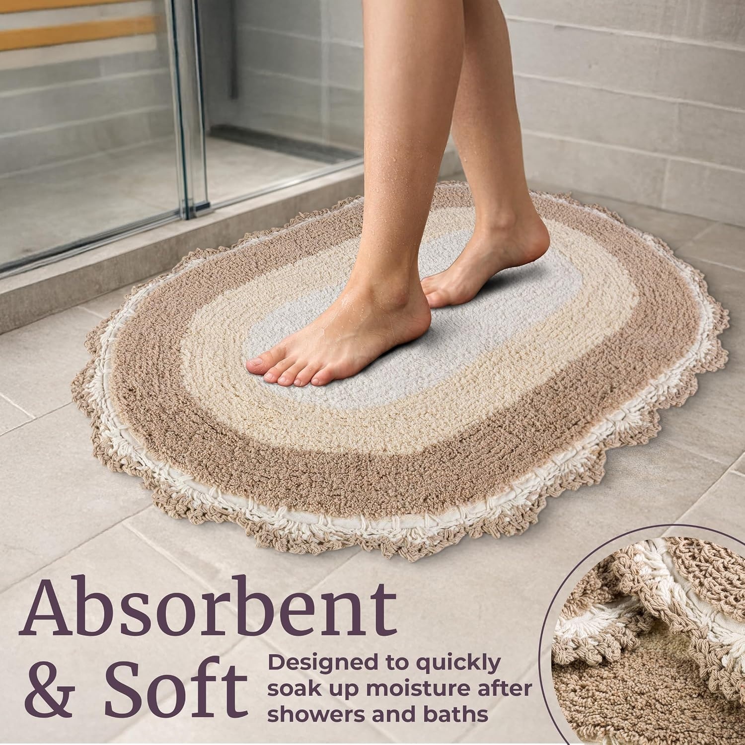 image:imageLavish Home Reversible Bathroom Rug Set Beige 2Pieces 32x2024x17 Oval Bath Rugs with Crochet Edges Machine Washable Soft and Absorbent Cotton Bath Mats for Bathroom Floor Kitchen LaundryBeige