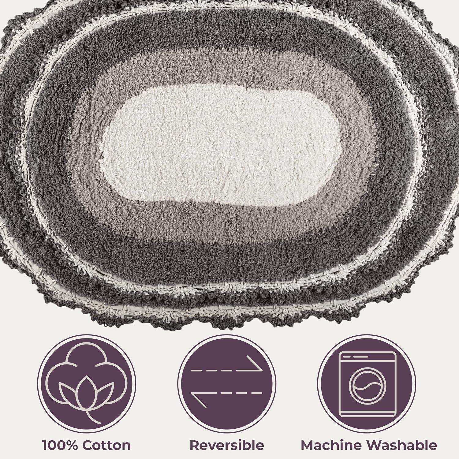image:imageLavish Home Reversible Bathroom Rug Set Beige 2Pieces 32x2024x17 Oval Bath Rugs with Crochet Edges Machine Washable Soft and Absorbent Cotton Bath Mats for Bathroom Floor Kitchen LaundryGrey