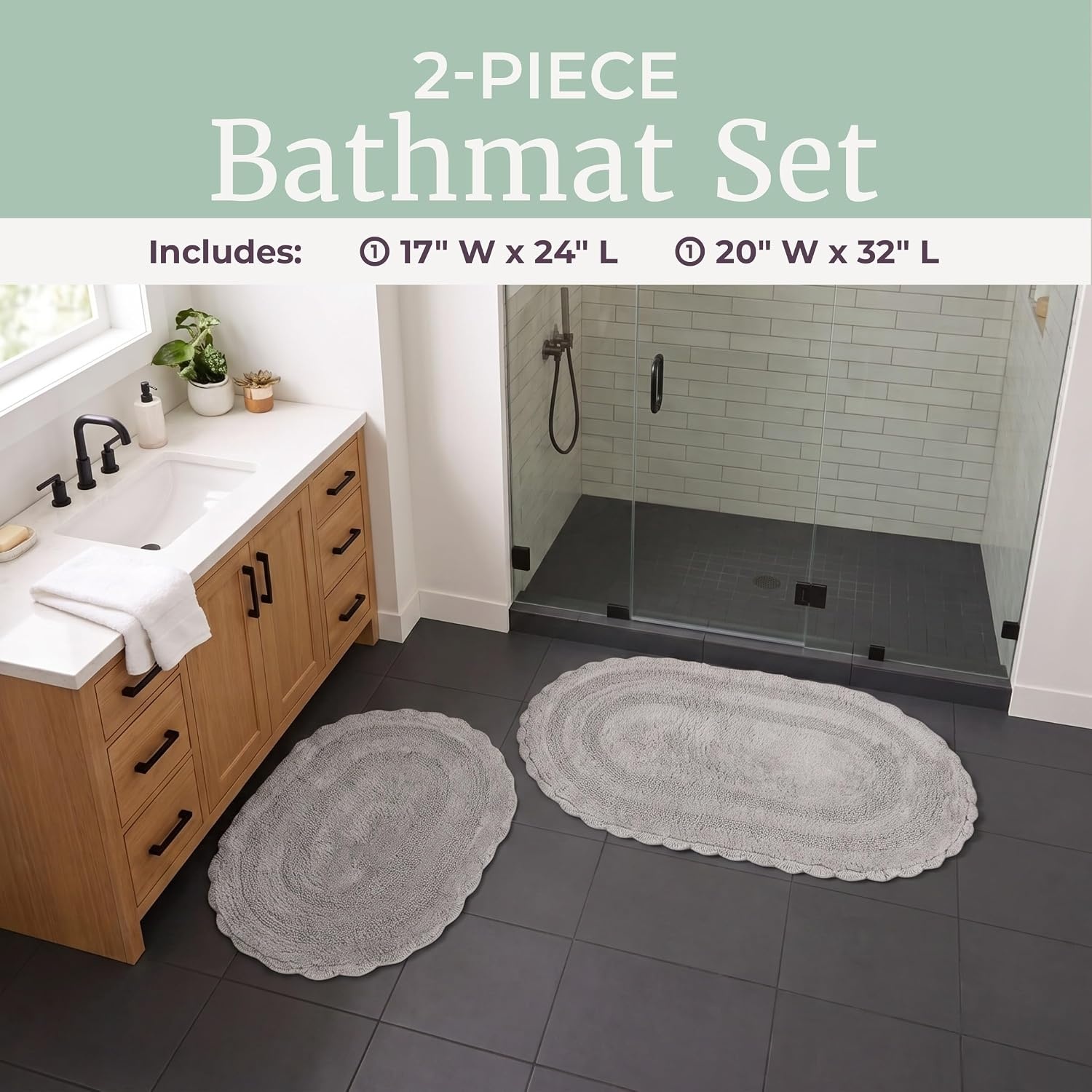 image:imageLavish Home Reversible Bathroom Rug Set Gray 2Pieces 32x2024x17 Oval Bath Rugs with Crochet Edges Machine Washable Soft and Absorbent Cotton Bath Mats for Bathroom Floor Kitchen LaundryGrey