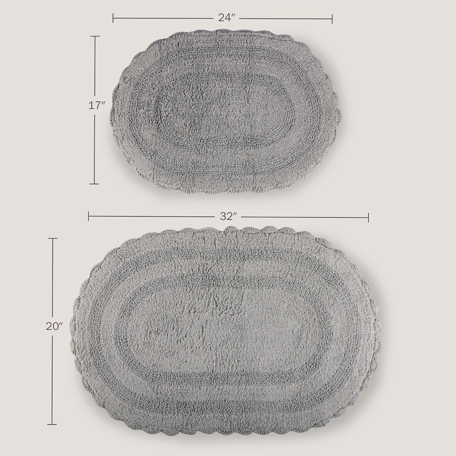 image:imageLavish Home Reversible Bathroom Rug Set Gray 2Pieces 32x2024x17 Oval Bath Rugs with Crochet Edges Machine Washable Soft and Absorbent Cotton Bath Mats for Bathroom Floor Kitchen LaundryGrey