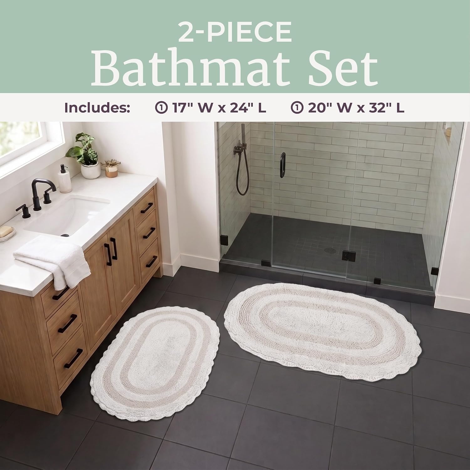 image:imageLavish Home Reversible Bathroom Rug Set Gray 2Pieces 32x2024x17 Oval Bath Rugs with Crochet Edges Machine Washable Soft and Absorbent Cotton Bath Mats for Bathroom Floor Kitchen LaundryIvory