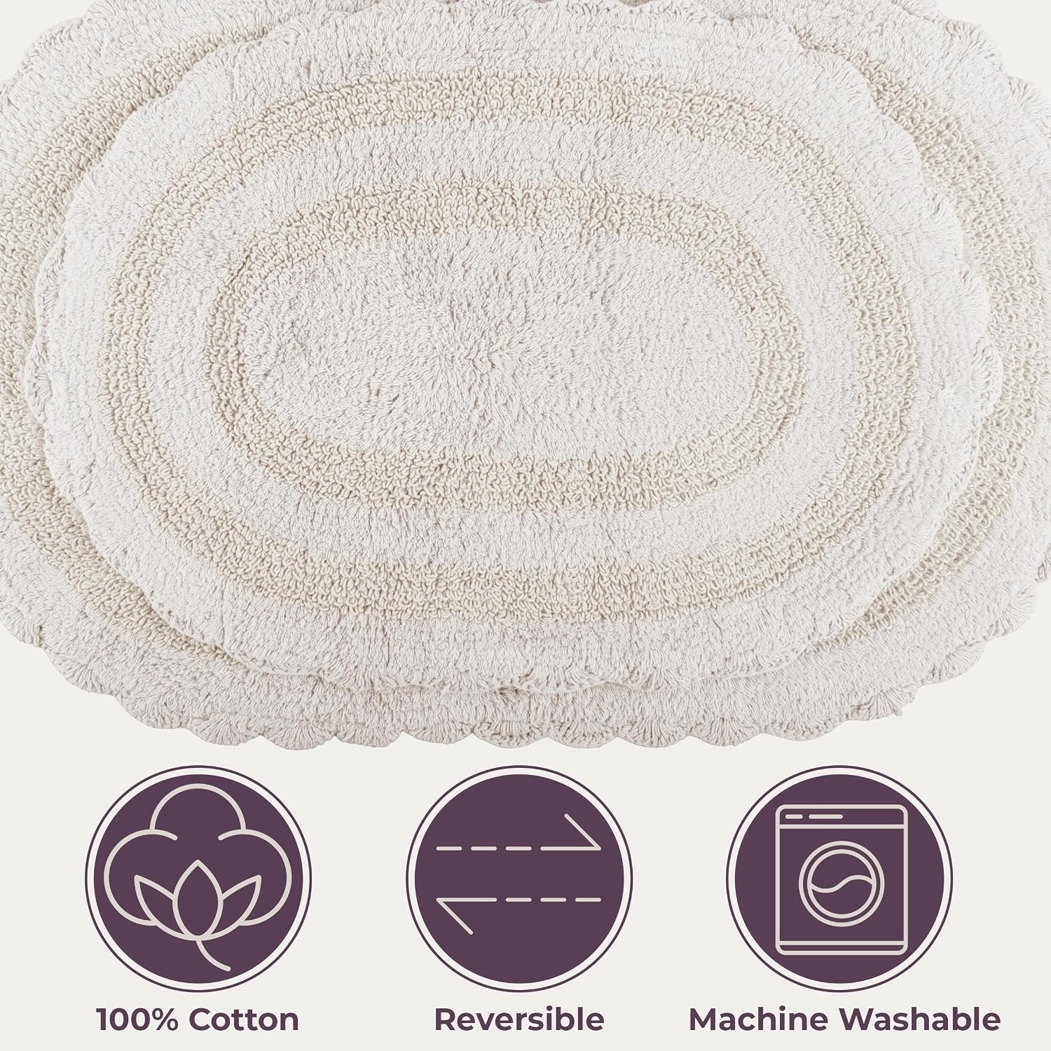 image:imageLavish Home Reversible Bathroom Rug Set Gray 2Pieces 32x2024x17 Oval Bath Rugs with Crochet Edges Machine Washable Soft and Absorbent Cotton Bath Mats for Bathroom Floor Kitchen LaundryIvory