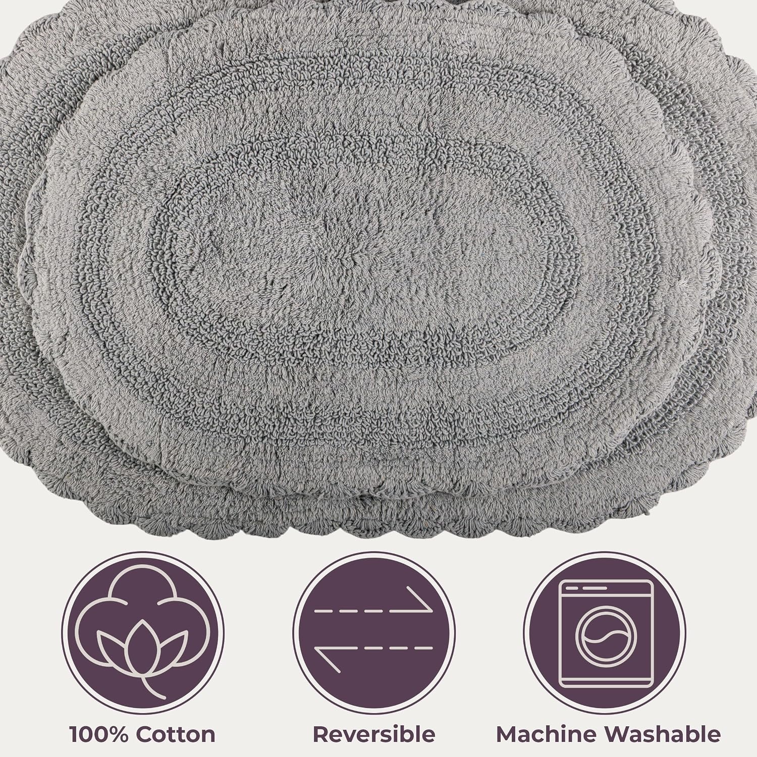 image:imageLavish Home Reversible Bathroom Rug Set Gray 2Pieces 32x2024x17 Oval Bath Rugs with Crochet Edges Machine Washable Soft and Absorbent Cotton Bath Mats for Bathroom Floor Kitchen LaundryGrey