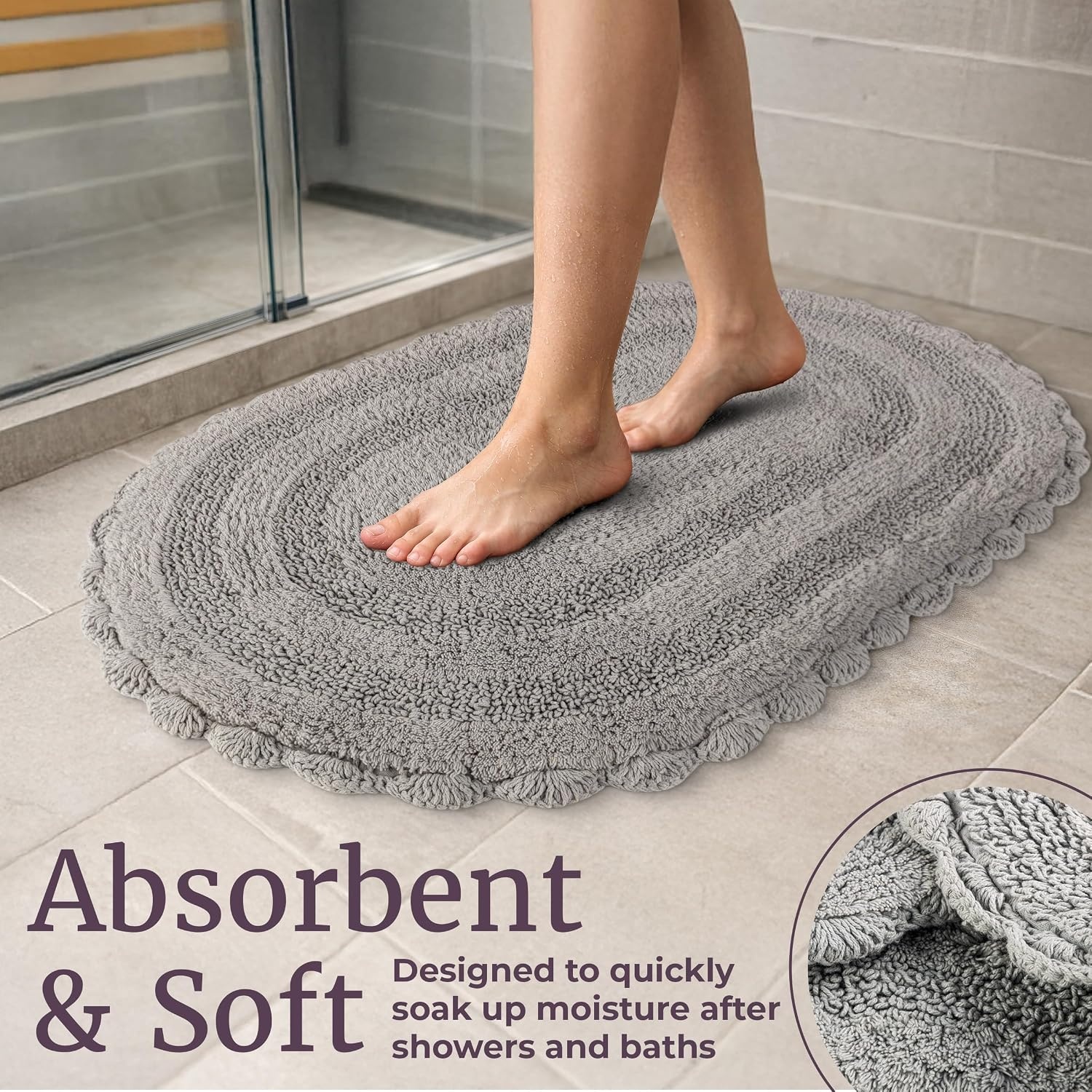 image:imageLavish Home Reversible Bathroom Rug Set Gray 2Pieces 32x2024x17 Oval Bath Rugs with Crochet Edges Machine Washable Soft and Absorbent Cotton Bath Mats for Bathroom Floor Kitchen LaundryGrey