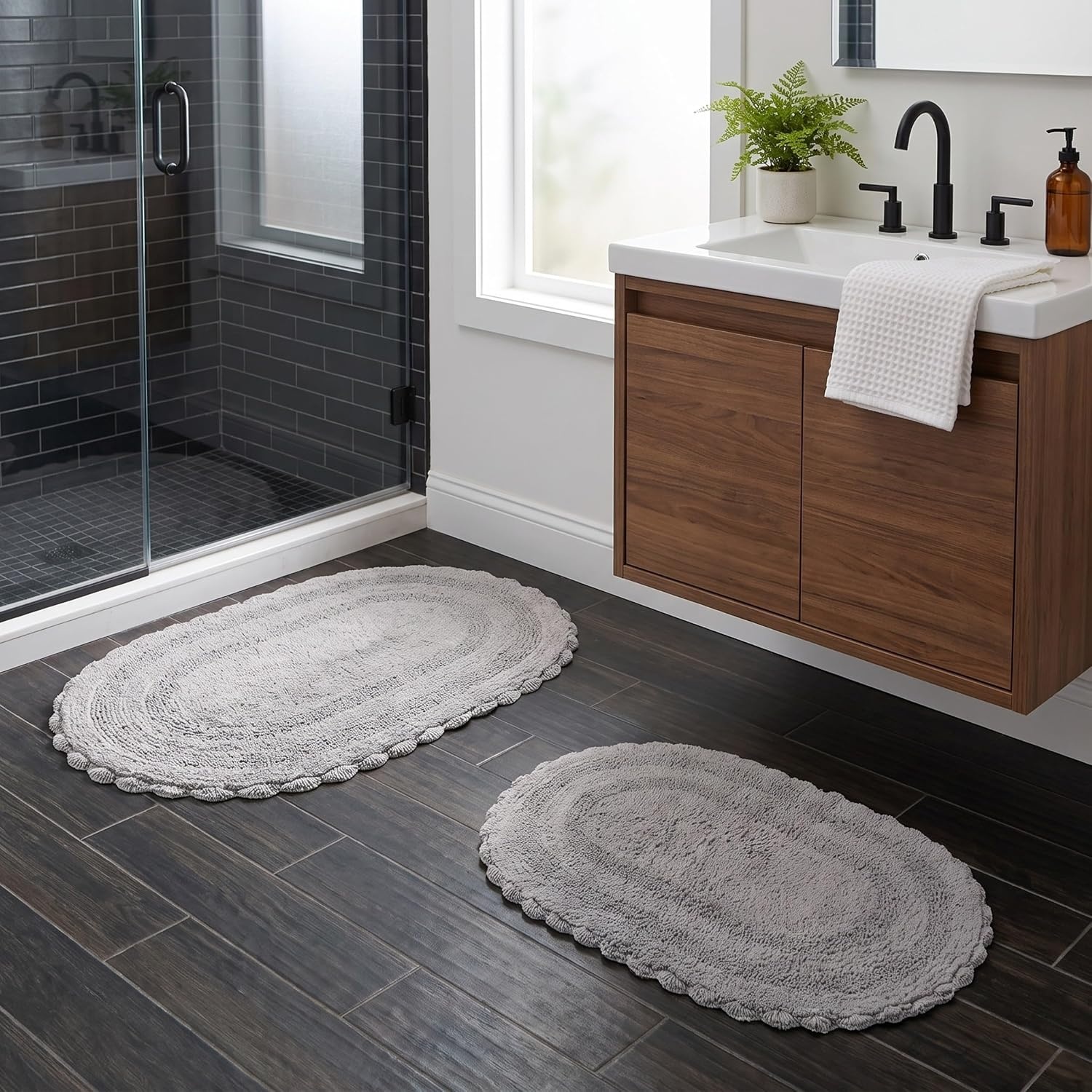image:imageLavish Home Reversible Bathroom Rug Set Gray 2Pieces 32x2024x17 Oval Bath Rugs with Crochet Edges Machine Washable Soft and Absorbent Cotton Bath Mats for Bathroom Floor Kitchen LaundryGrey