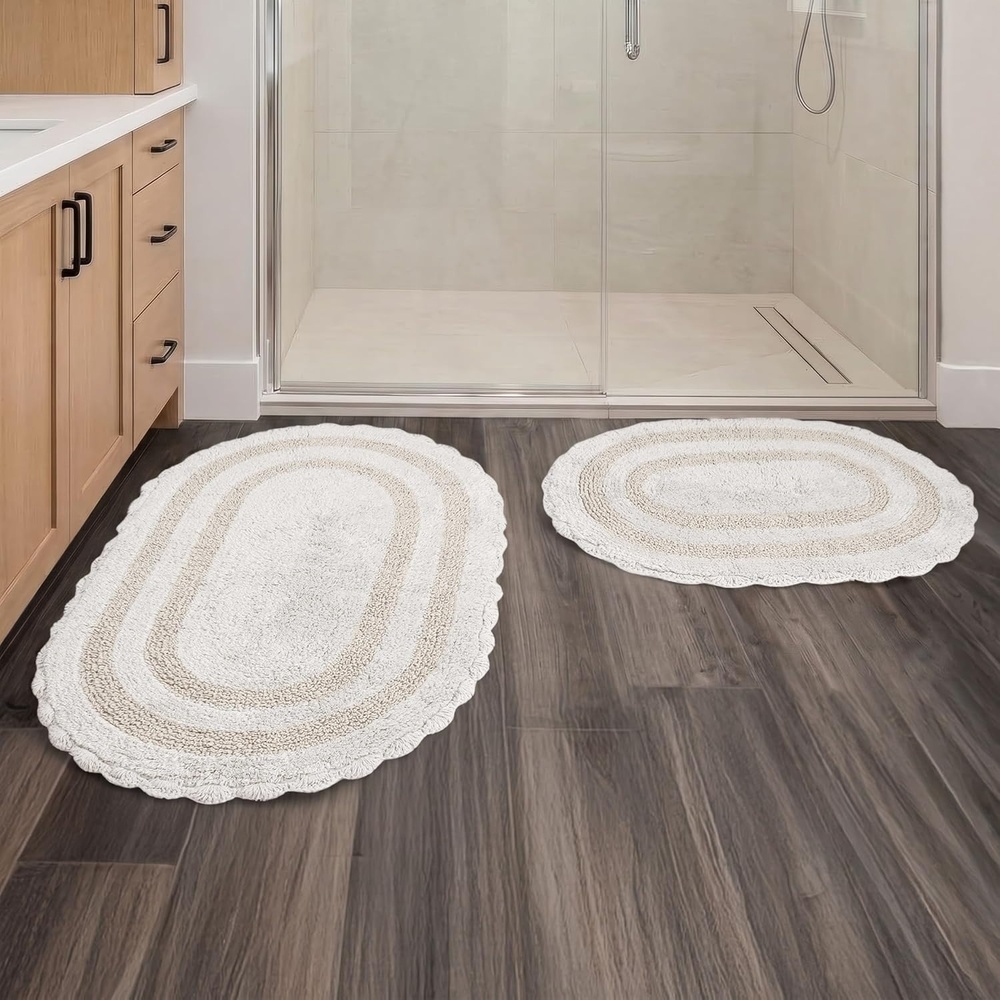 image:imageLavish Home Reversible Bathroom Rug Set Gray 2Pieces 32x2024x17 Oval Bath Rugs with Crochet Edges Machine Washable Soft and Absorbent Cotton Bath Mats for Bathroom Floor Kitchen LaundryIvory