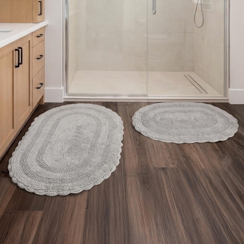 image:imageLavish Home Reversible Bathroom Rug Set Gray 2Pieces 32x2024x17 Oval Bath Rugs with Crochet Edges Machine Washable Soft and Absorbent Cotton Bath Mats for Bathroom Floor Kitchen LaundryGrey