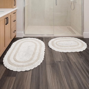 Lavish Home Reversible Bathroom Rug Set, Gray, 2-Pieces, 32”x20”/24”x17” | Oval Bath Rugs with Crochet Edges, Machine Washable Soft and Absorbent Cotton Bath Mats for Bathroom Floor, Kitchen, Laundry(Ivory)
