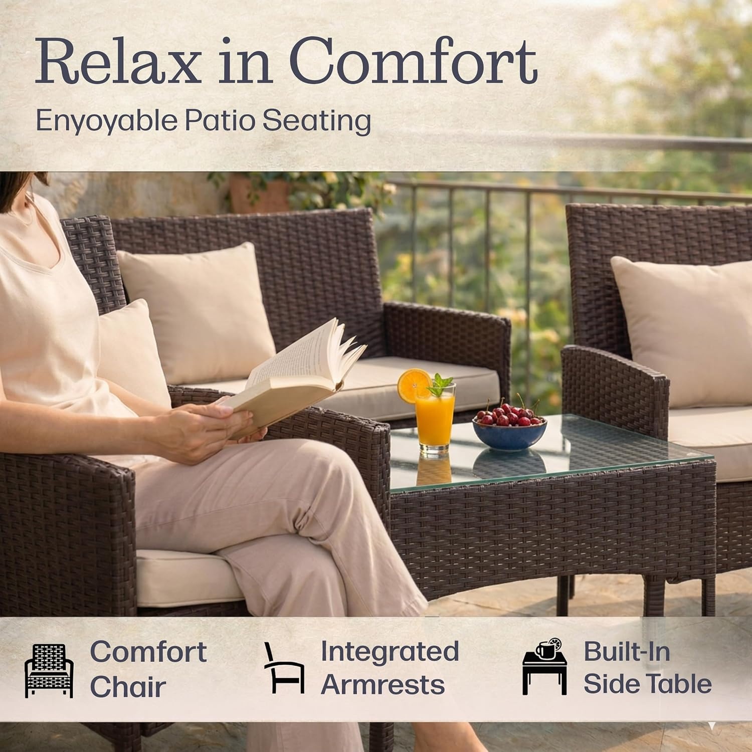 image:imageLavish Home 4Piece Patio Furniture Set Rattan Outdoor Couch 2 Patio Chairs and Table Combo Cushioned Deck Pool or Porch Furniture Brown