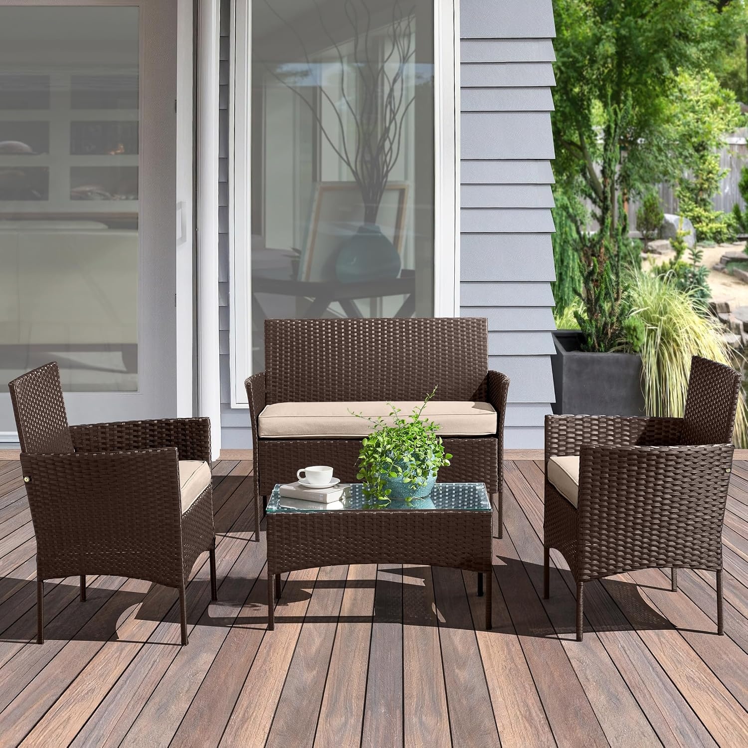 image:imageLavish Home 4Piece Patio Furniture Set Rattan Outdoor Couch 2 Patio Chairs and Table Combo Cushioned Deck Pool or Porch Furniture Brown