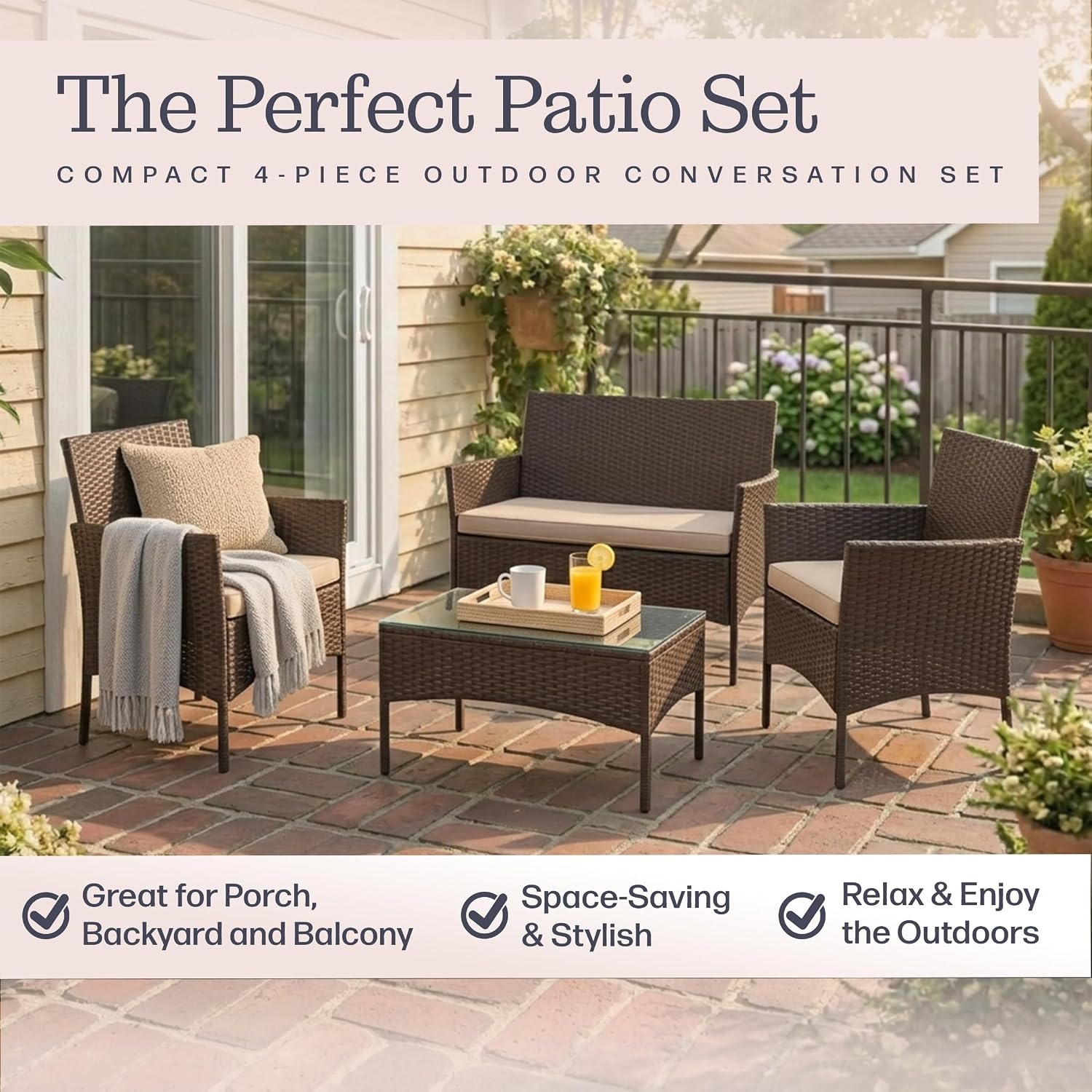 image:imageLavish Home 4Piece Patio Furniture Set Rattan Outdoor Couch 2 Patio Chairs and Table Combo Cushioned Deck Pool or Porch Furniture Brown