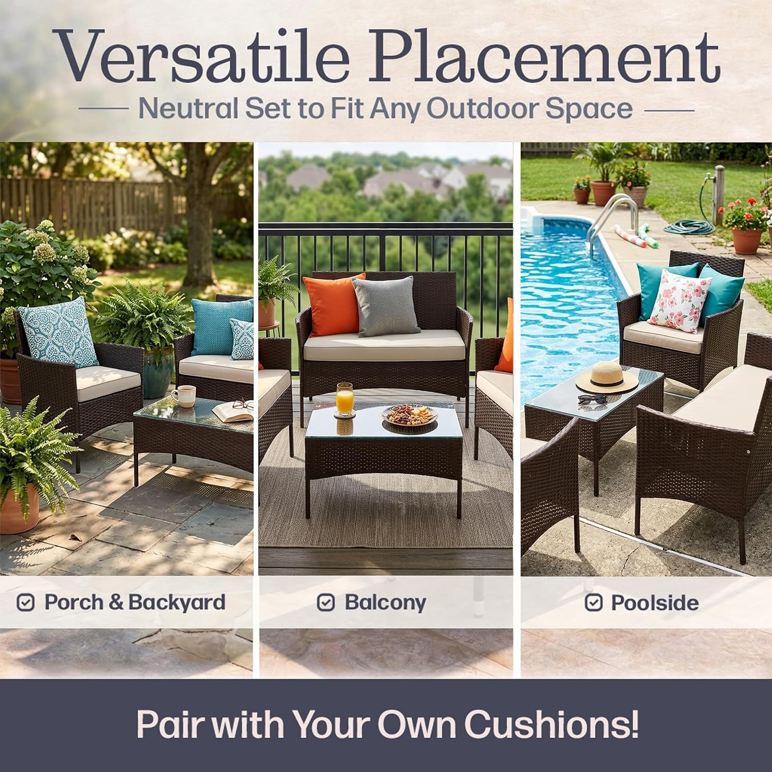 image:imageLavish Home 4Piece Patio Furniture Set Rattan Outdoor Couch 2 Patio Chairs and Table Combo Cushioned Deck Pool or Porch Furniture Brown