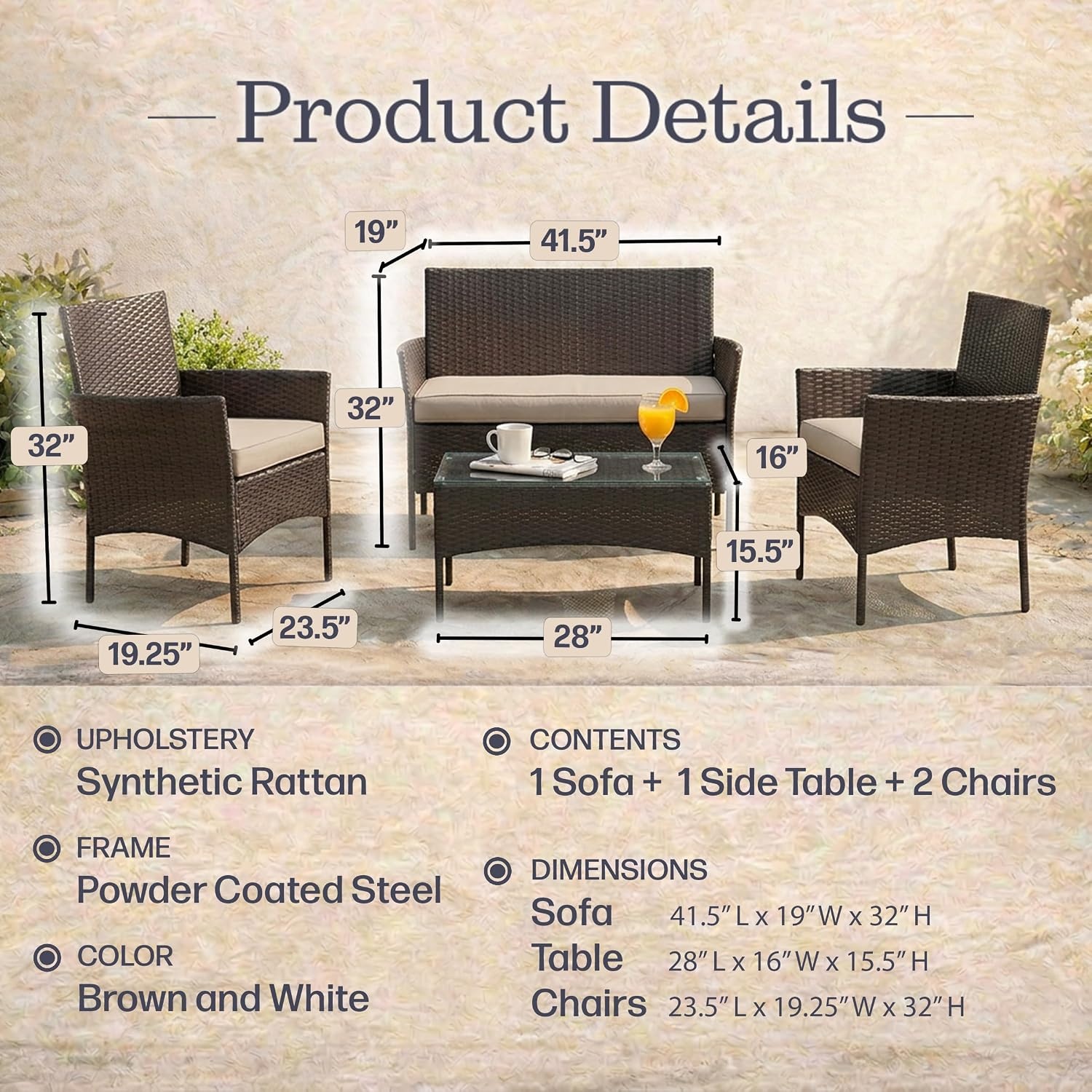 image:imageLavish Home 4Piece Patio Furniture Set Rattan Outdoor Couch 2 Patio Chairs and Table Combo Cushioned Deck Pool or Porch Furniture Brown