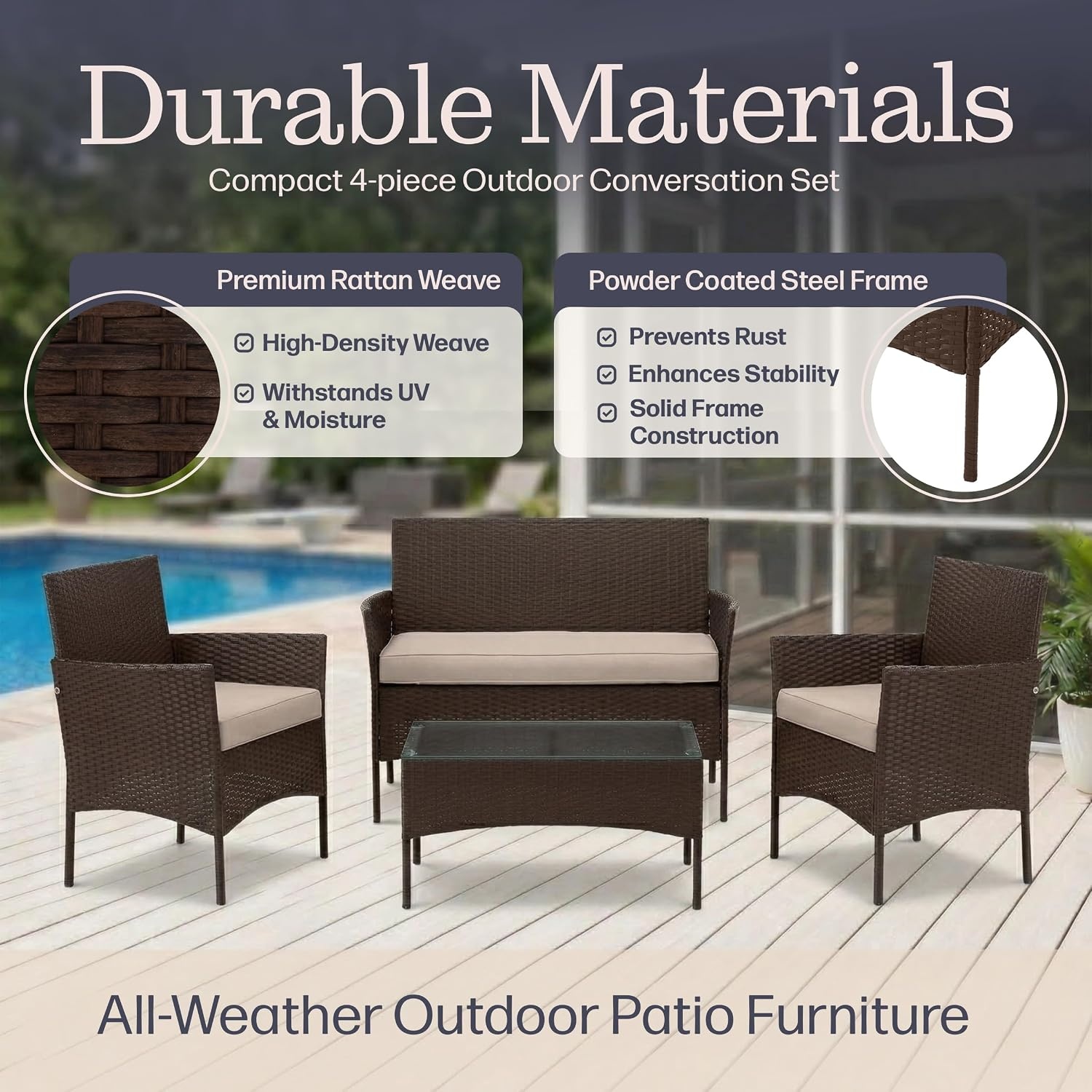 image:imageLavish Home 4Piece Patio Furniture Set Rattan Outdoor Couch 2 Patio Chairs and Table Combo Cushioned Deck Pool or Porch Furniture Brown